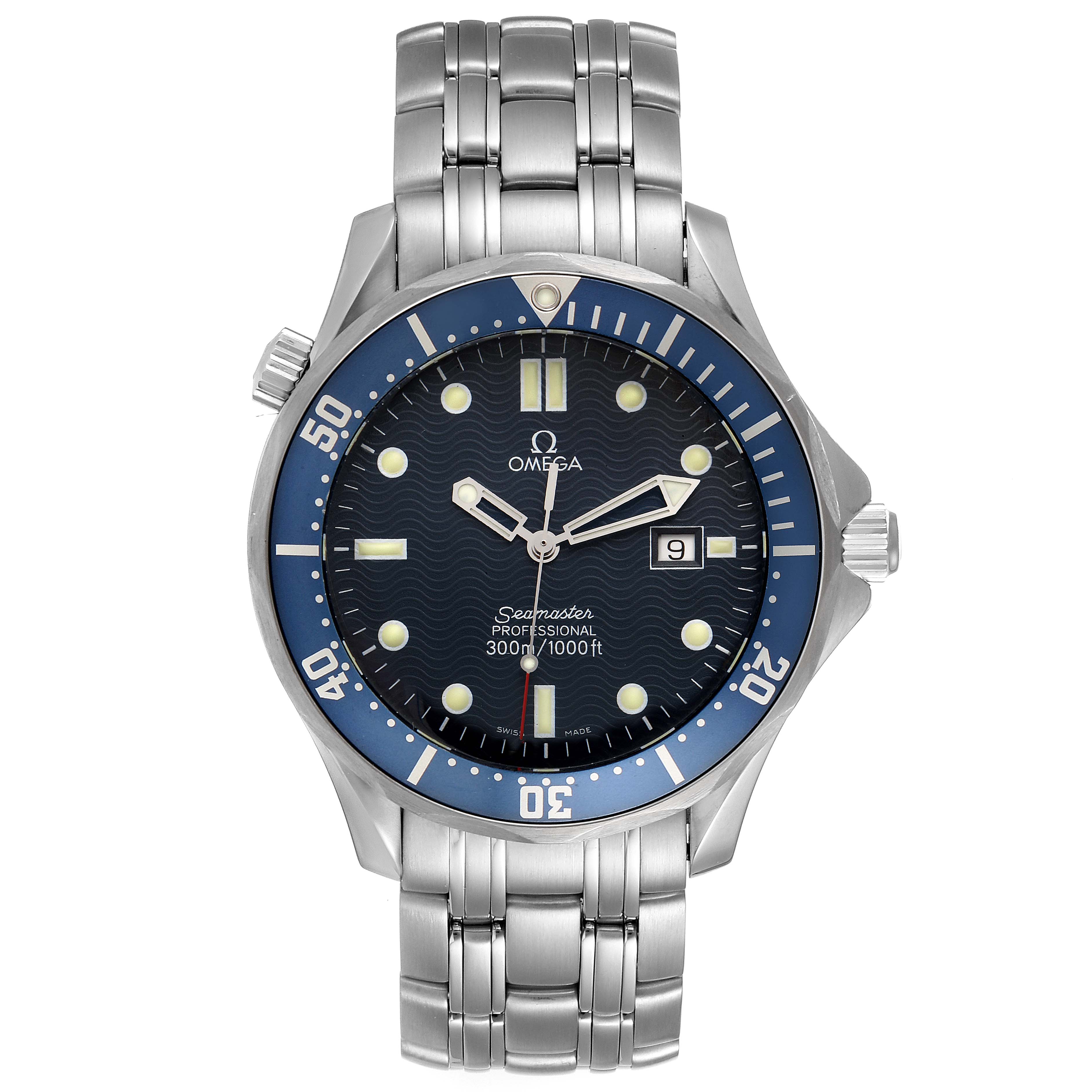 The Omega Seamaster 2541.80.00 Men's Stainless Steel Blue Dial 2541.80.00 Men's Stainless Steel Blue Dial watch is shown from the front, displaying the dial, bezel, and stainless steel band.