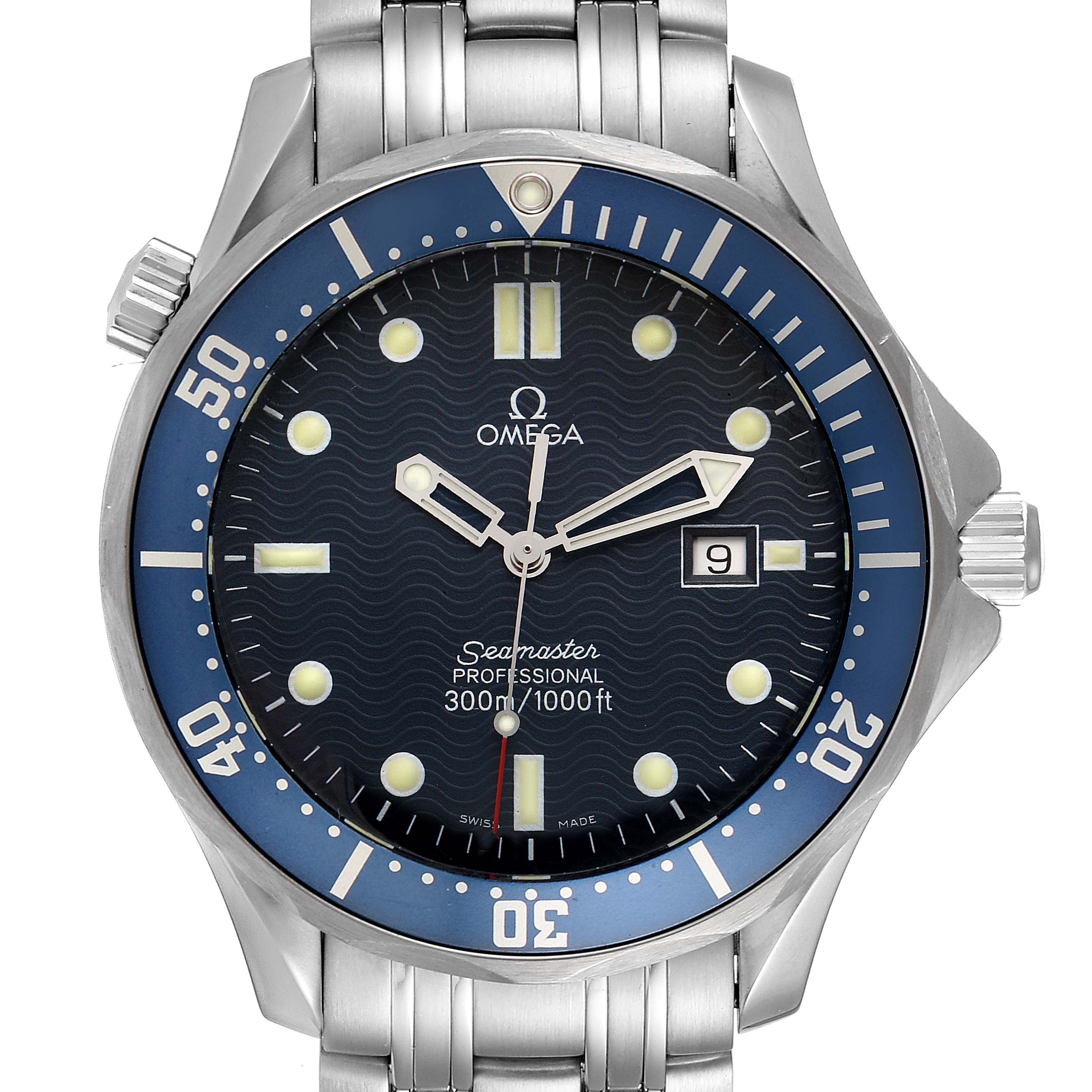The Omega Seamaster 2541.80.00 Men's Stainless Steel Blue Dial 2541.80.00 Men's Stainless Steel Blue Dial watch is shown from the front, displaying the face, bezel, crown, and part of the metal bracelet.