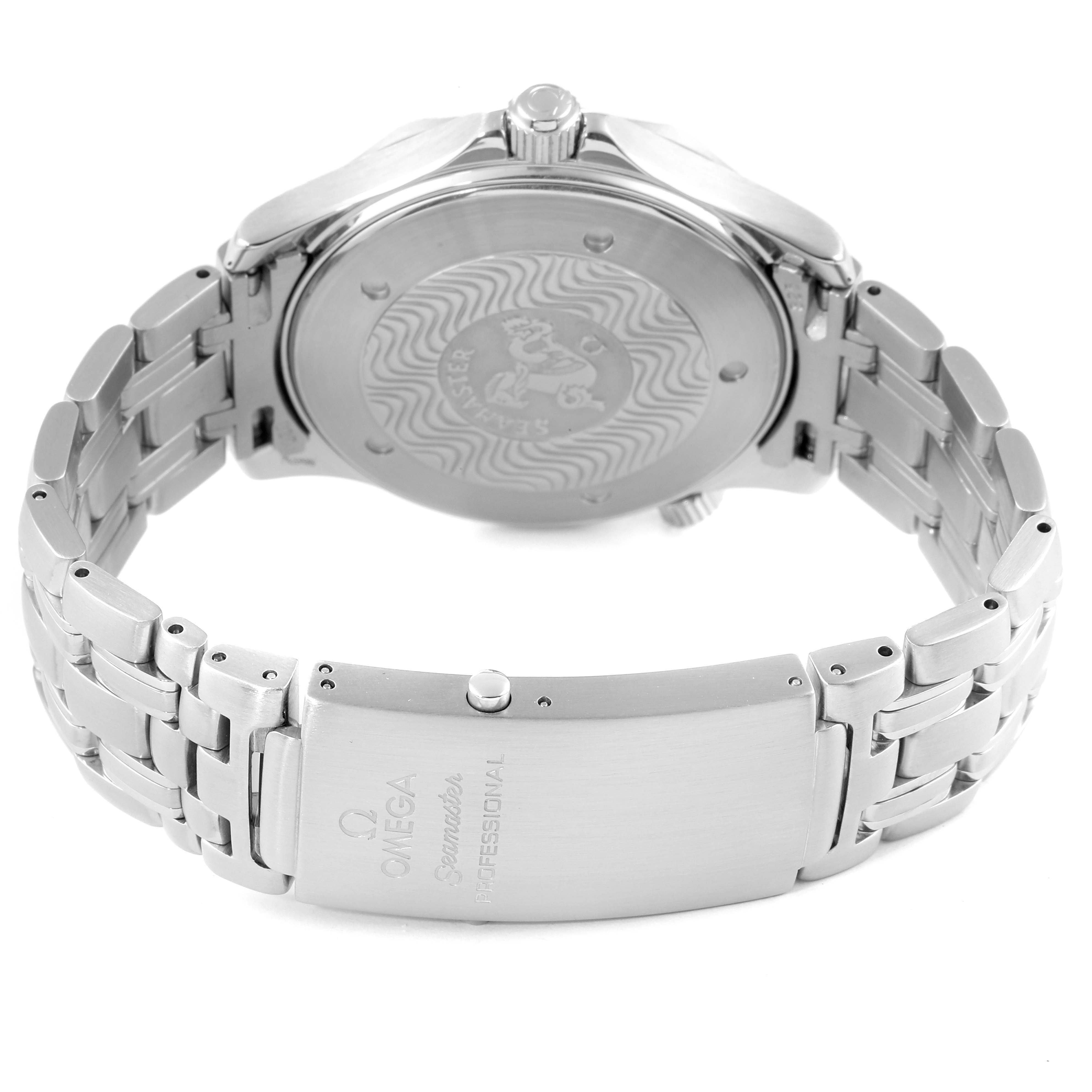 The image shows the back case and bracelet clasp of the Omega Seamaster 2541.80.00 Men's Stainless Steel Blue Dial 2541.80.00 Men's Stainless Steel Blue Dial watch from a rear angle.