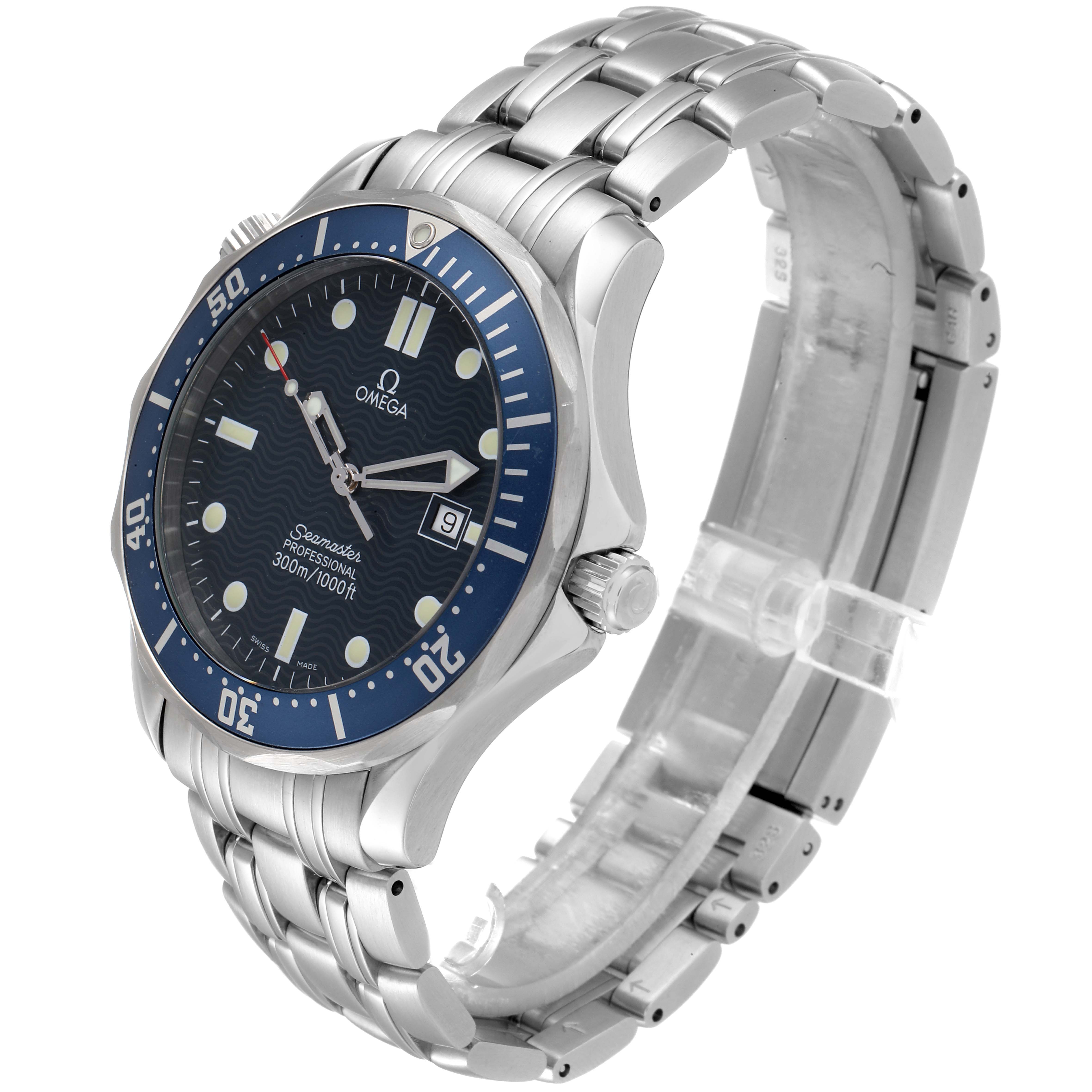 The image shows an Omega Seamaster 2541.80.00 Men's Stainless Steel Blue Dial 2541.80.00 Men's Stainless Steel Blue Dial watch angled to display the face, bezel, crown, and metal bracelet.