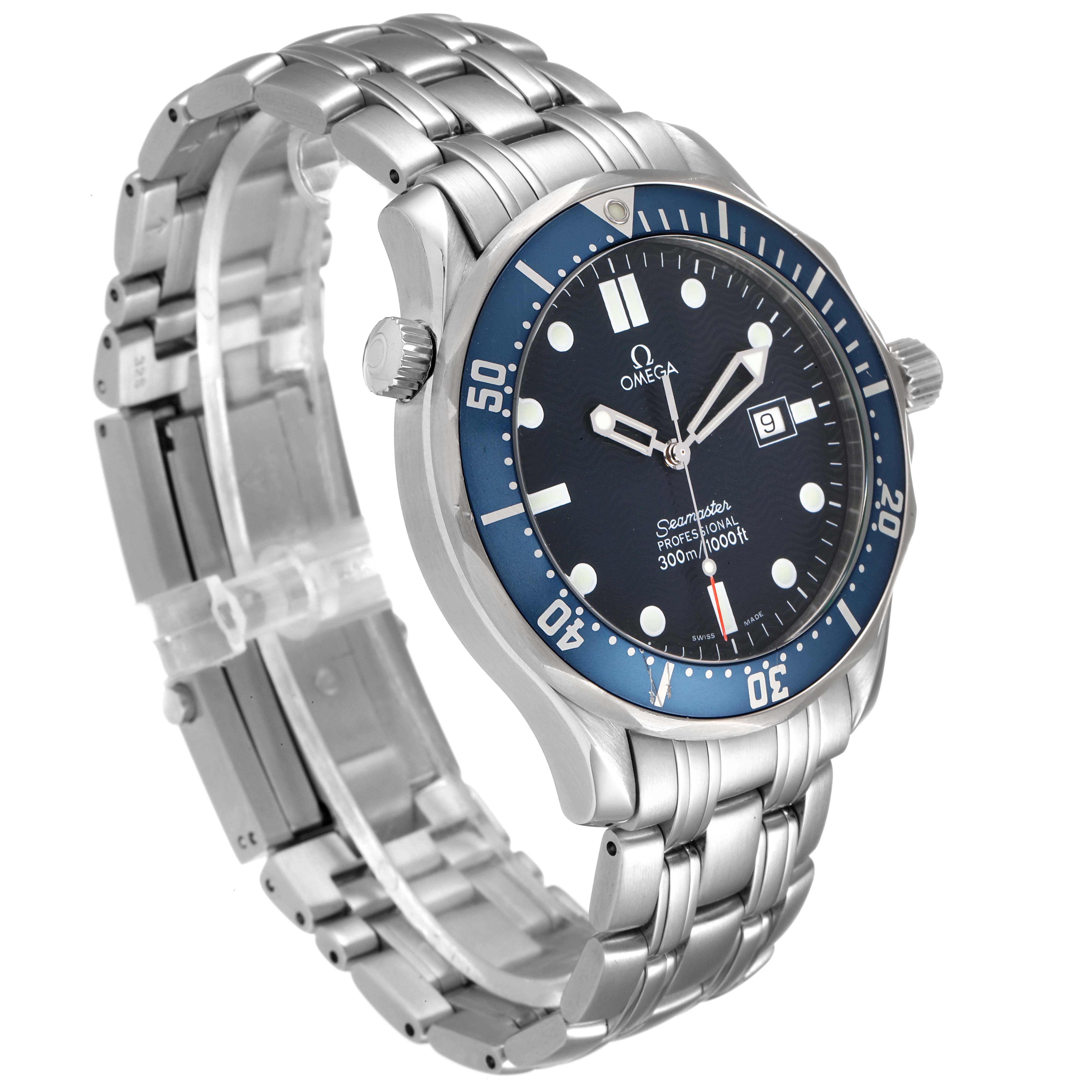 The Omega Seamaster 2541.80.00 Men
s Stainless Steel Blue Dial 2541.80.00 Men
s Stainless Steel Blue Dial watch is shown at a three-quarter angle, highlighting the dial, bezel, crown, and stainless steel bracelet.