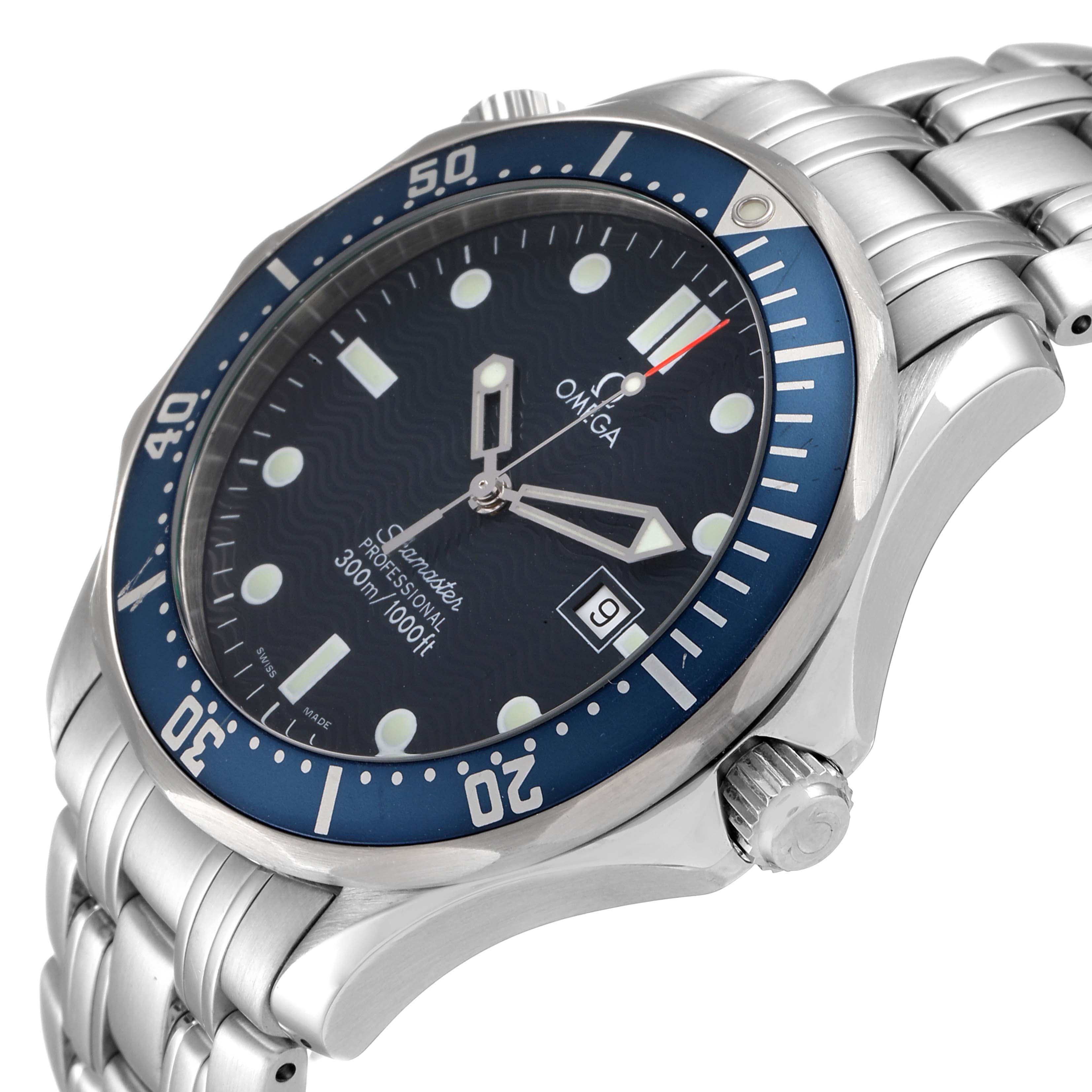 The Omega Seamaster 2541.80.00 Men
s Stainless Steel Blue Dial 2541.80.00 Men
s Stainless Steel Blue Dial watch is shown at an angle highlighting its face, bezel, and stainless steel bracelet.
