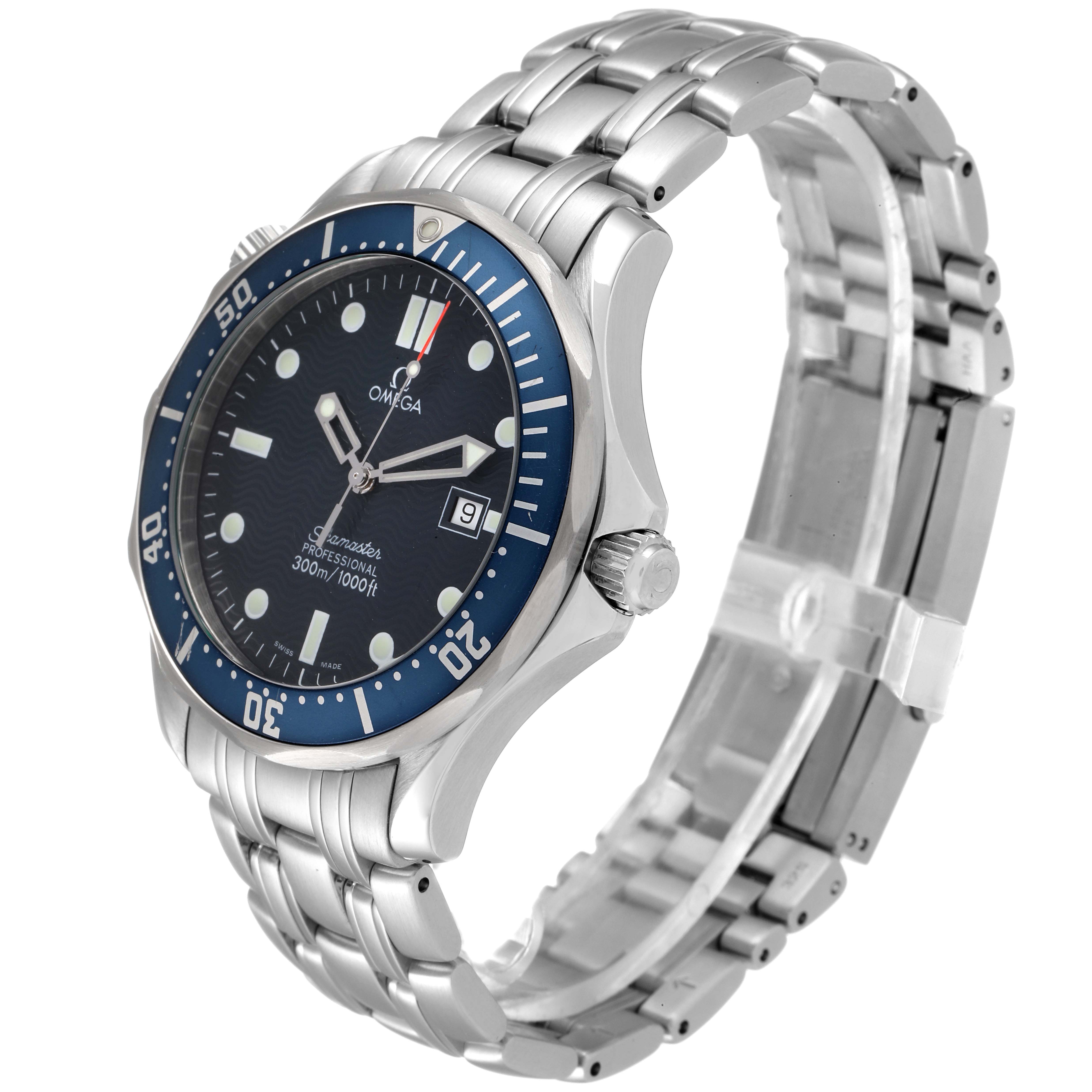 This is a three-quarter angle view of the Omega Seamaster 2541.80.00 Men
s Stainless Steel Blue Dial 2541.80.00 Men
s Stainless Steel Blue Dial watch, showing the face, bezel, crown, and metal bracelet.