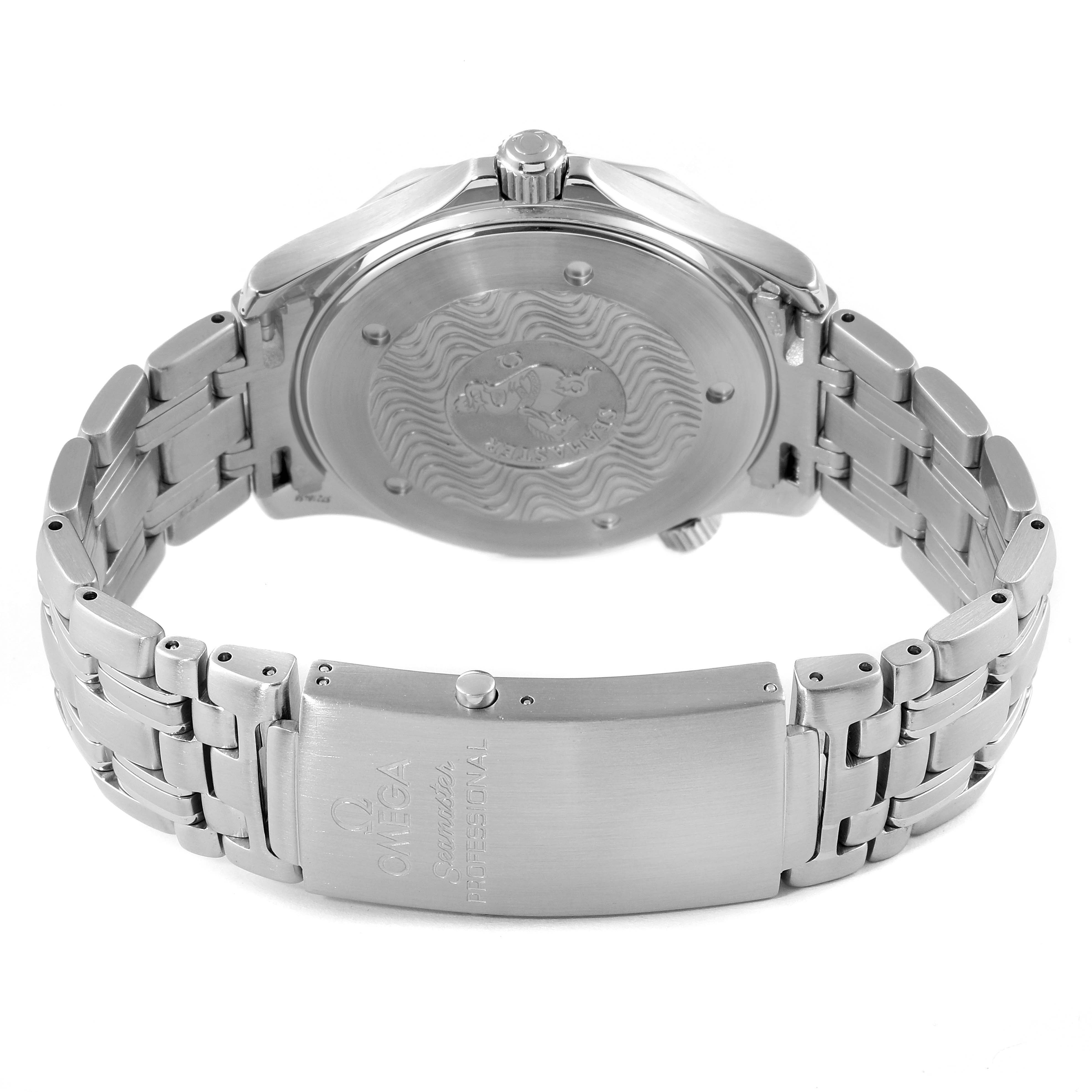 The image shows the back view of an Omega Seamaster 2541.80.00 Men
s Stainless Steel Blue Dial 2541.80.00 Men
s Stainless Steel Blue Dial watch, highlighting the case back, crown, and metal bracelet with clasp.