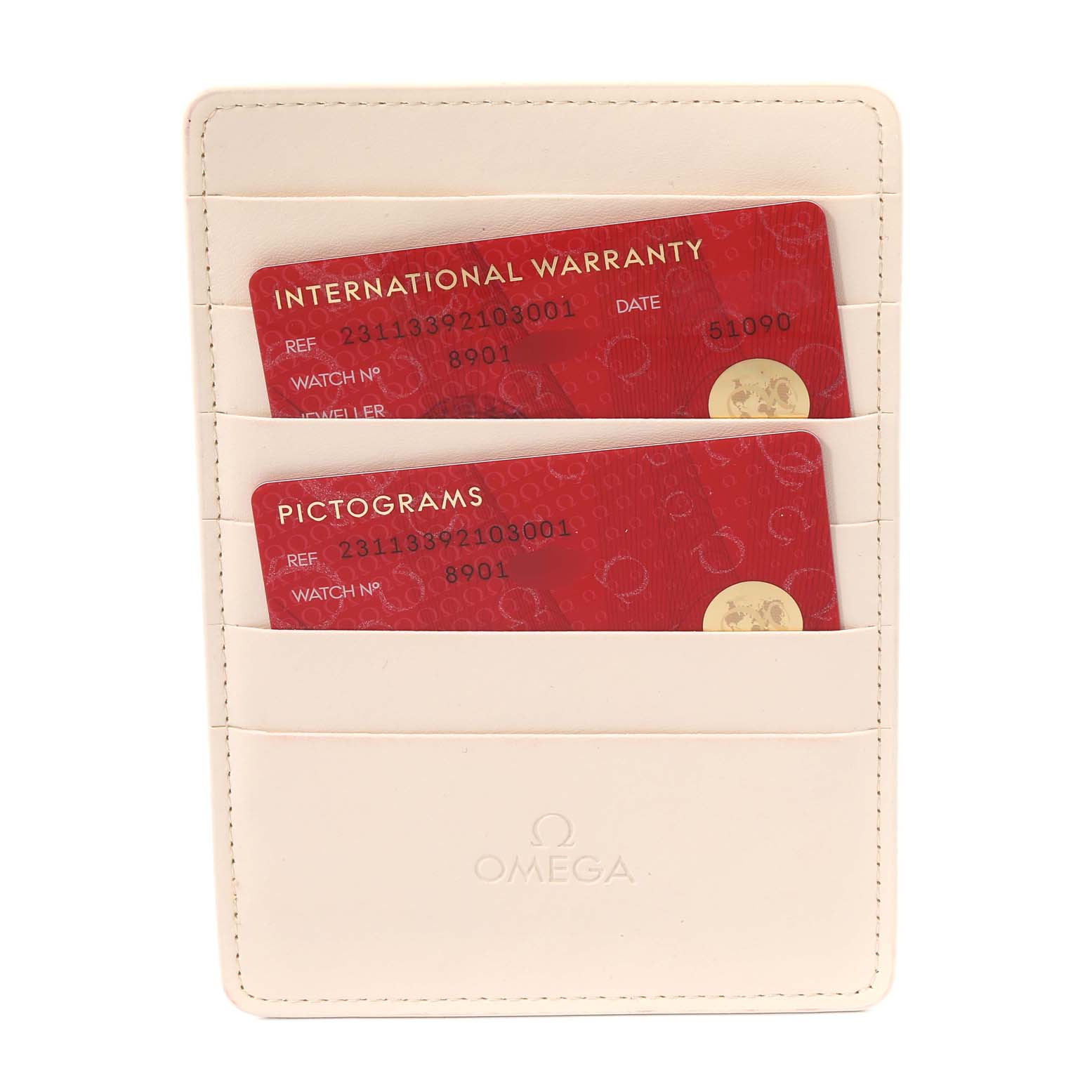 This image shows the Omega Aqua Terra 231.13.39.21.03.001 Men's Stainless Steel Blue Dial 231.13.39.21.03.001 Men's Stainless Steel Blue Dial model's warranty and pictogram cards in a white cardholder.