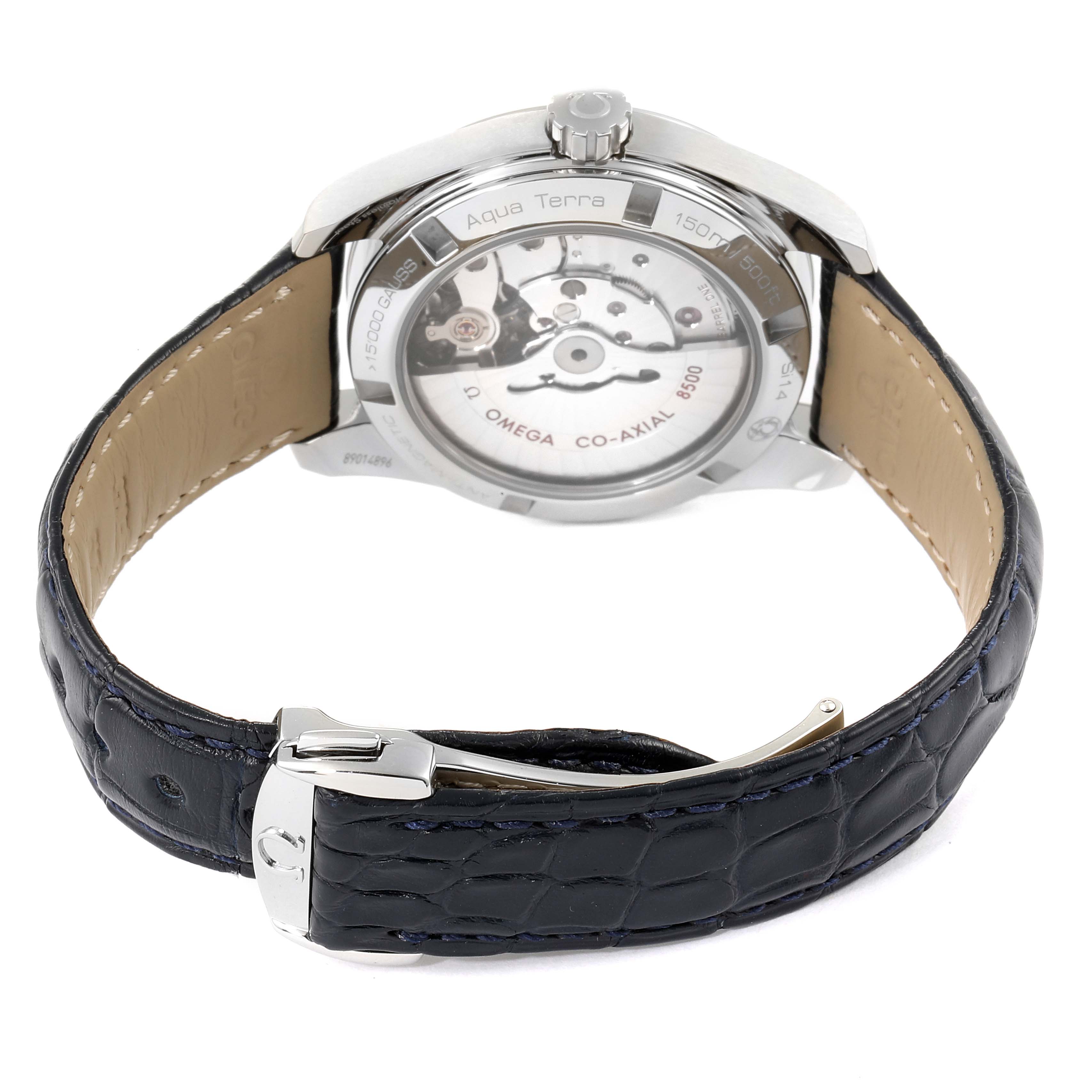 The image shows the back view of the Omega Aqua Terra 231.13.39.21.03.001 Men's Stainless Steel Blue Dial 231.13.39.21.03.001 Men's Stainless Steel Blue Dial watch, focusing on its movement and leather strap.