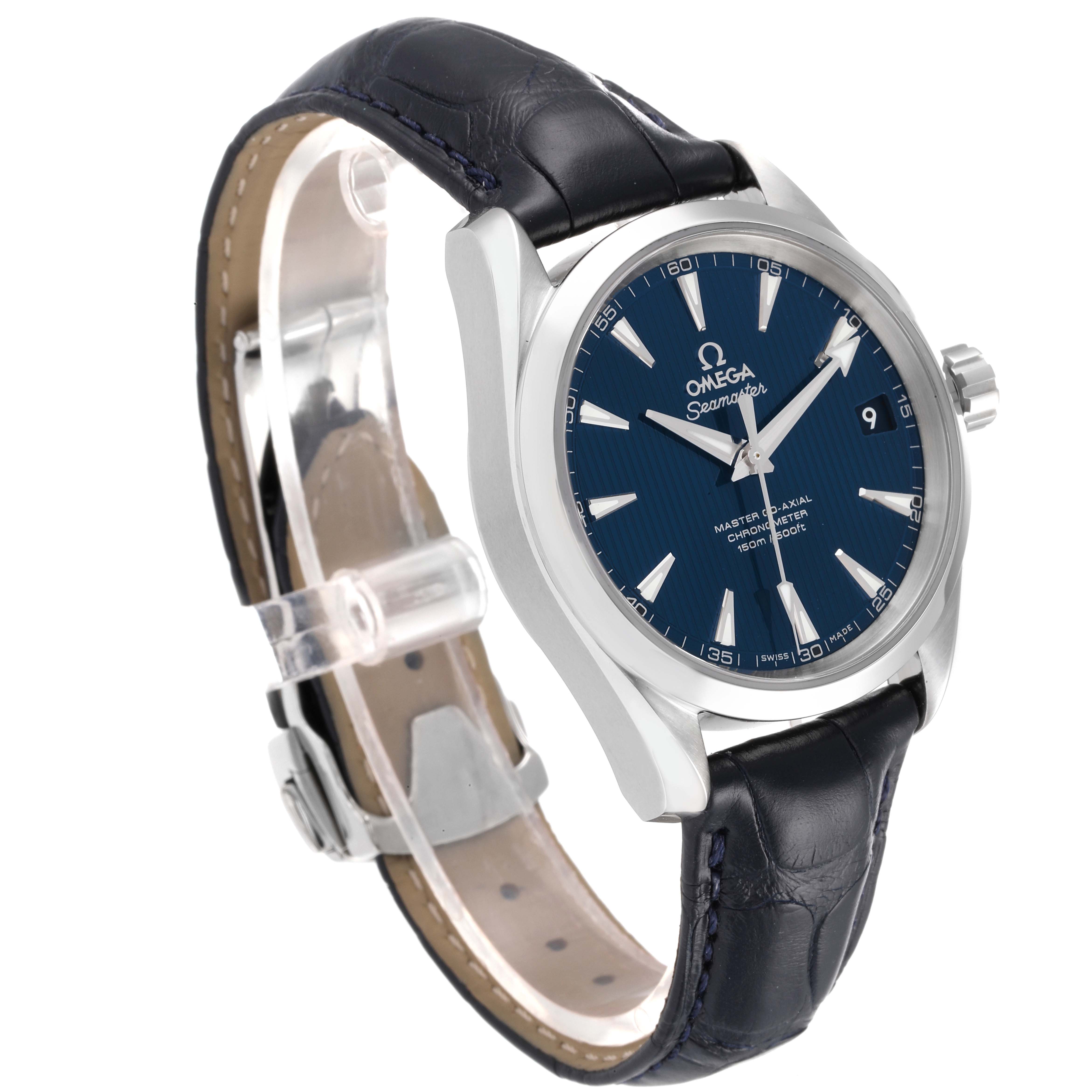 The Omega Aqua Terra 231.13.39.21.03.001 Men's Stainless Steel Blue Dial 231.13.39.21.03.001 Men's Stainless Steel Blue Dial watch is shown at an angled side view, highlighting the face, crown, and leather strap.
