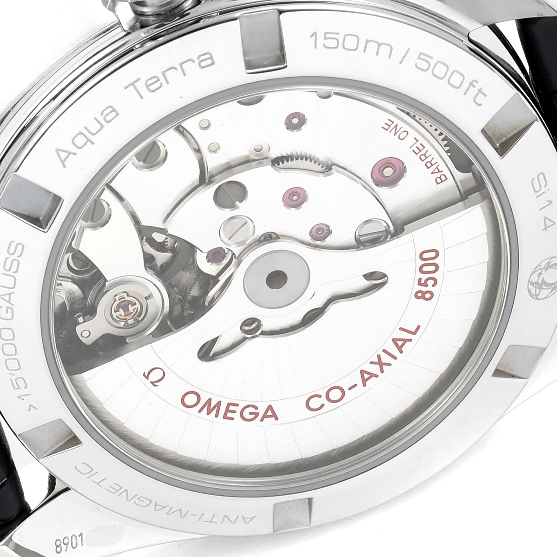 The image shows the back view of the Omega Aqua Terra 231.13.39.21.03.001 Men's Stainless Steel Blue Dial 231.13.39.21.03.001 Men's Stainless Steel Blue Dial watch, showcasing its Co-Axial 8500 movement and mechanisms.