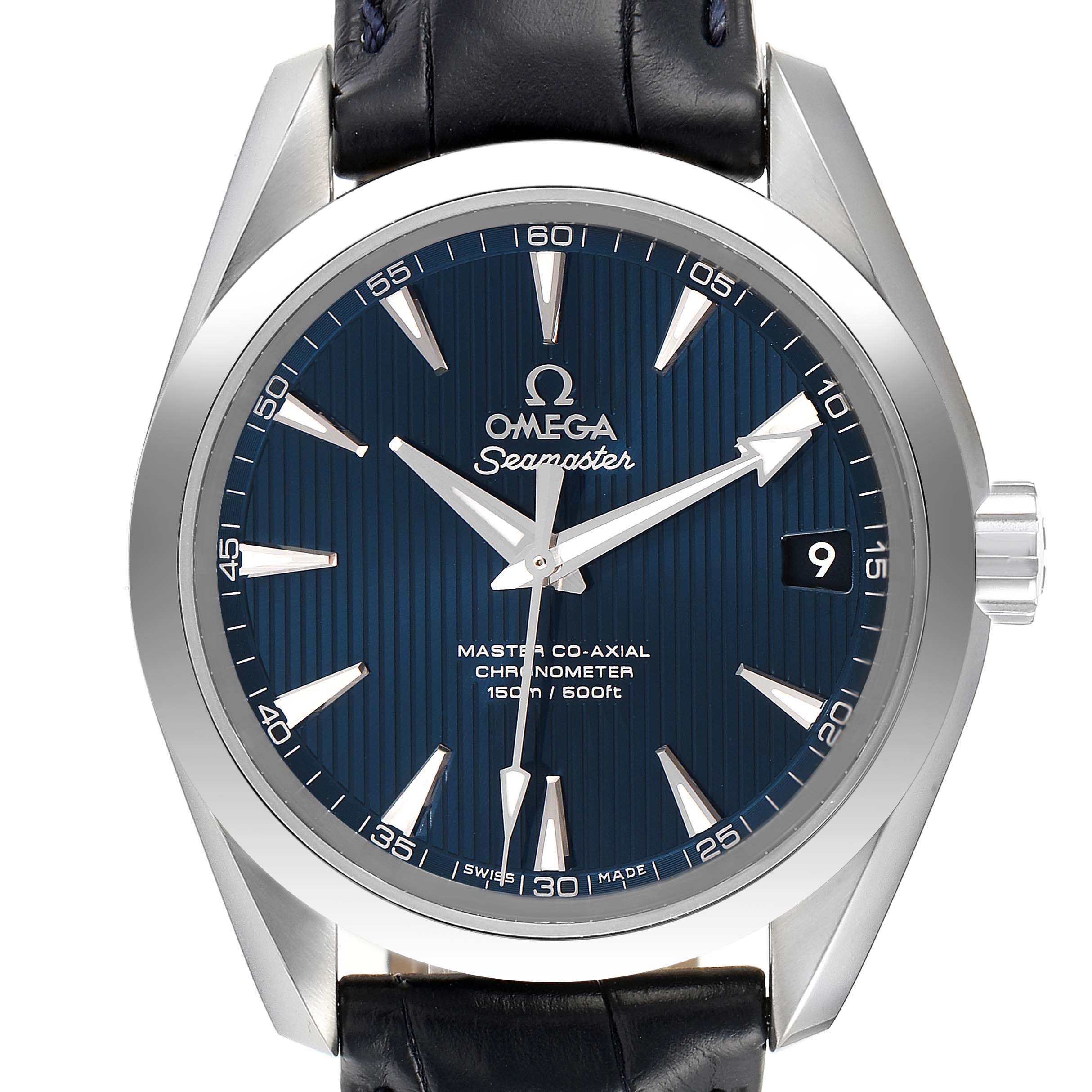 The image displays an Omega Aqua Terra 231.13.39.21.03.001 Men's Stainless Steel Blue Dial 231.13.39.21.03.001 Men's Stainless Steel Blue Dial watch from a frontal angle, showcasing its dial, hands, bezel, and part of its strap.