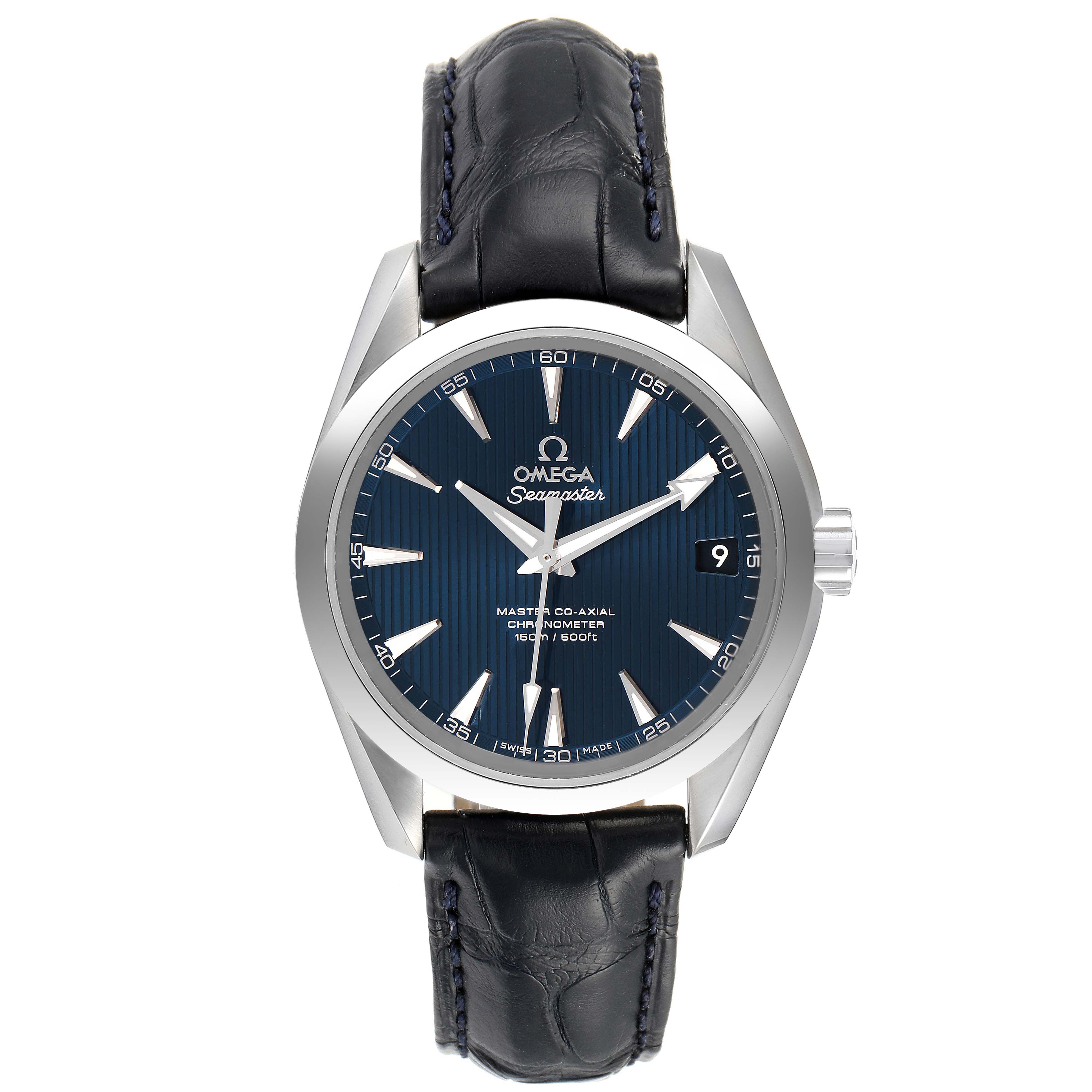 The image shows a front view of the Omega Aqua Terra 231.13.39.21.03.001 Men's Stainless Steel Blue Dial 231.13.39.21.03.001 Men's Stainless Steel Blue Dial watch, highlighting its dial, bezel, crown, and leather strap.