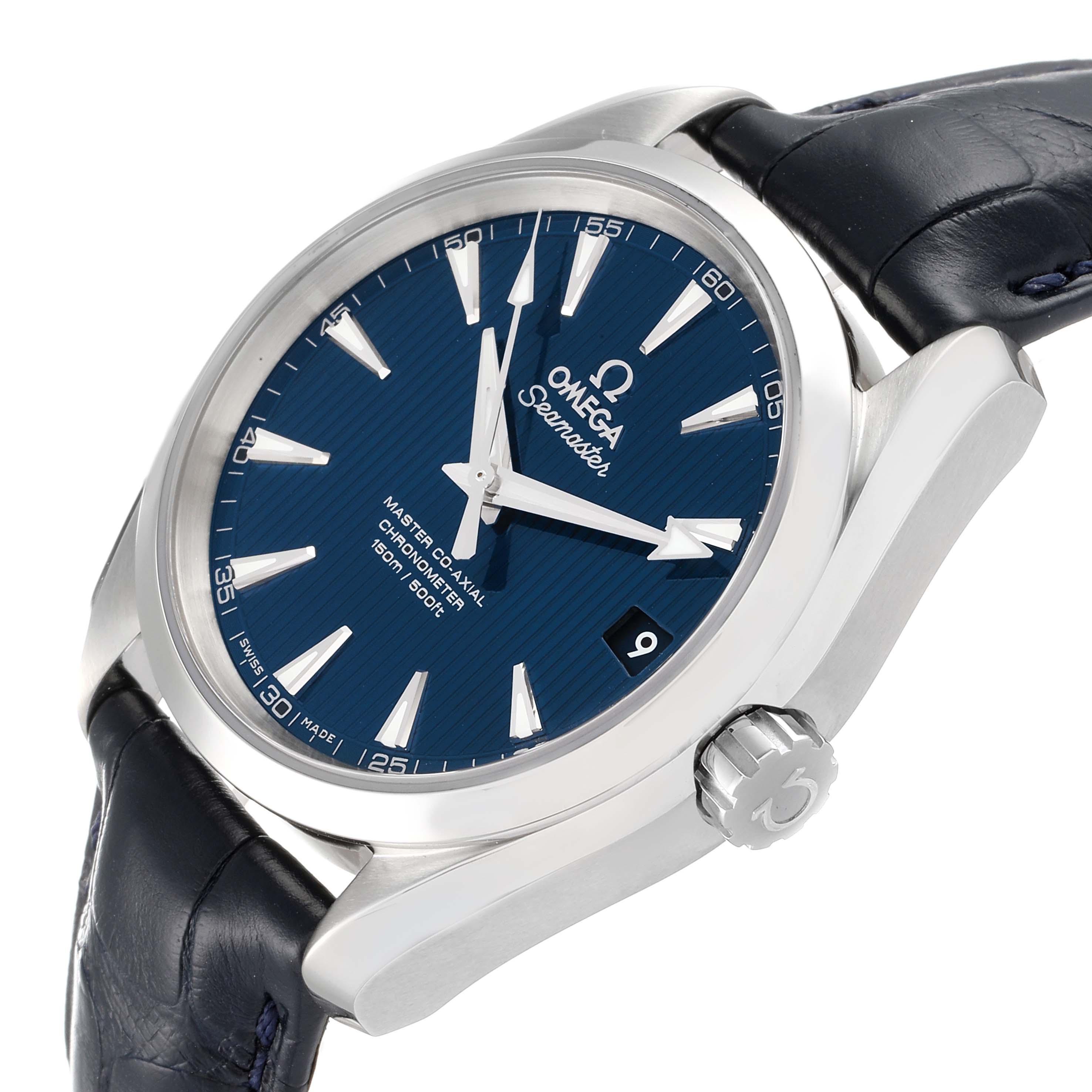 The Omega Seamaster Aqua Terra watch is shown from an oblique angle, highlighting its blue dial, silver case, crown, and leather strap.
