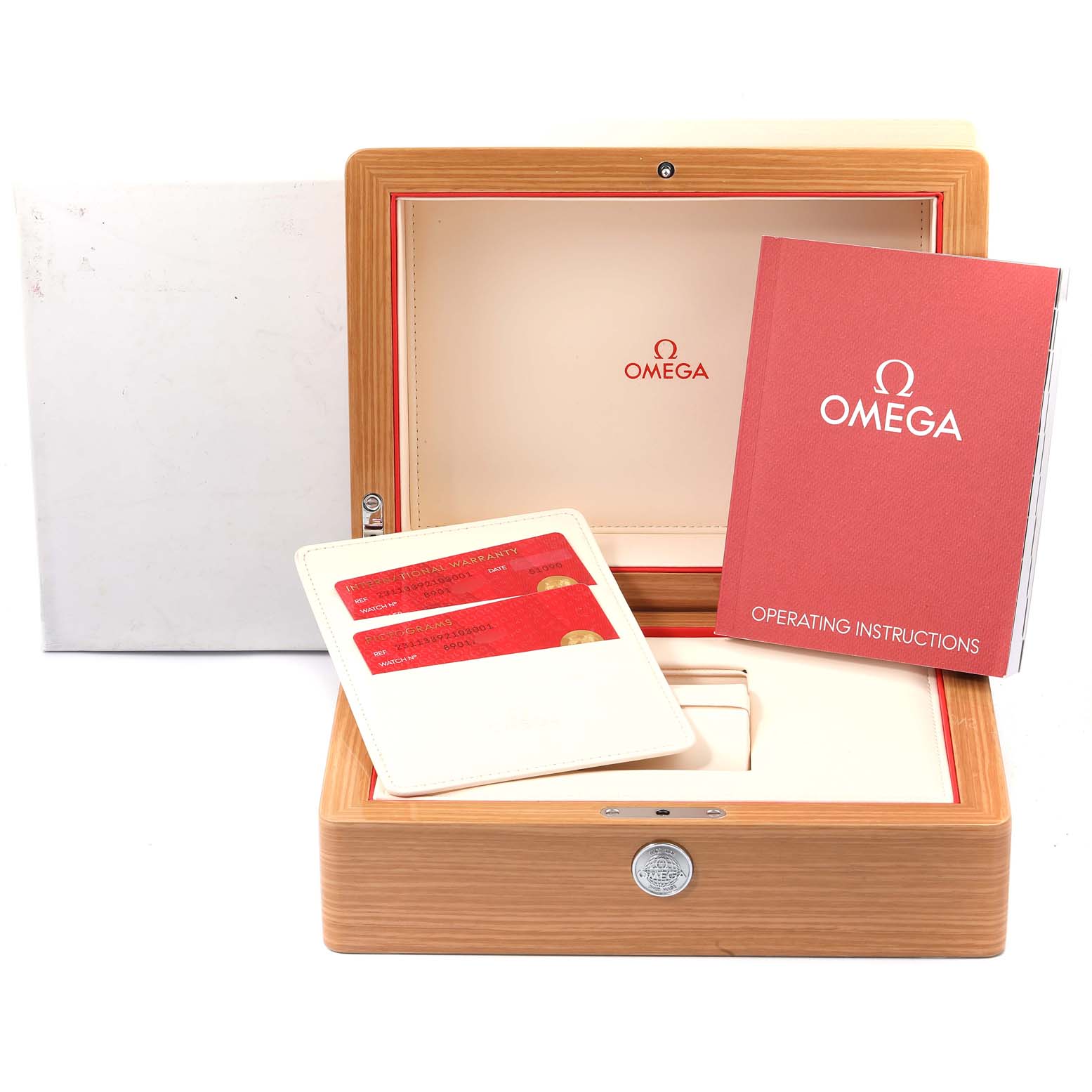 The image shows the Omega Aqua Terra 231.13.39.21.03.001 Men's Stainless Steel Blue Dial 231.13.39.21.03.001 Men's Stainless Steel Blue Dial watch box, operating instructions booklet, and warranty cards.