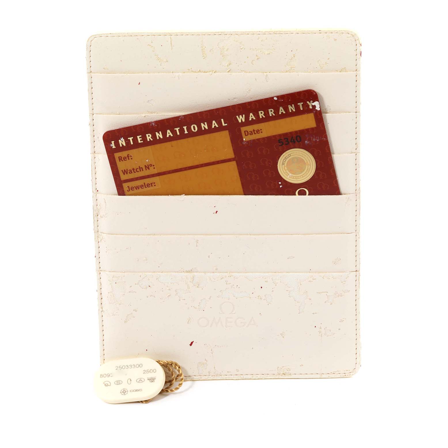 This image shows the warranty card and a tag for the Omega Aqua Terra 2503.33.00 Men
s Stainless Steel Silver Dial 2503.33.00 Men
s Stainless Steel Silver Dial watch model.