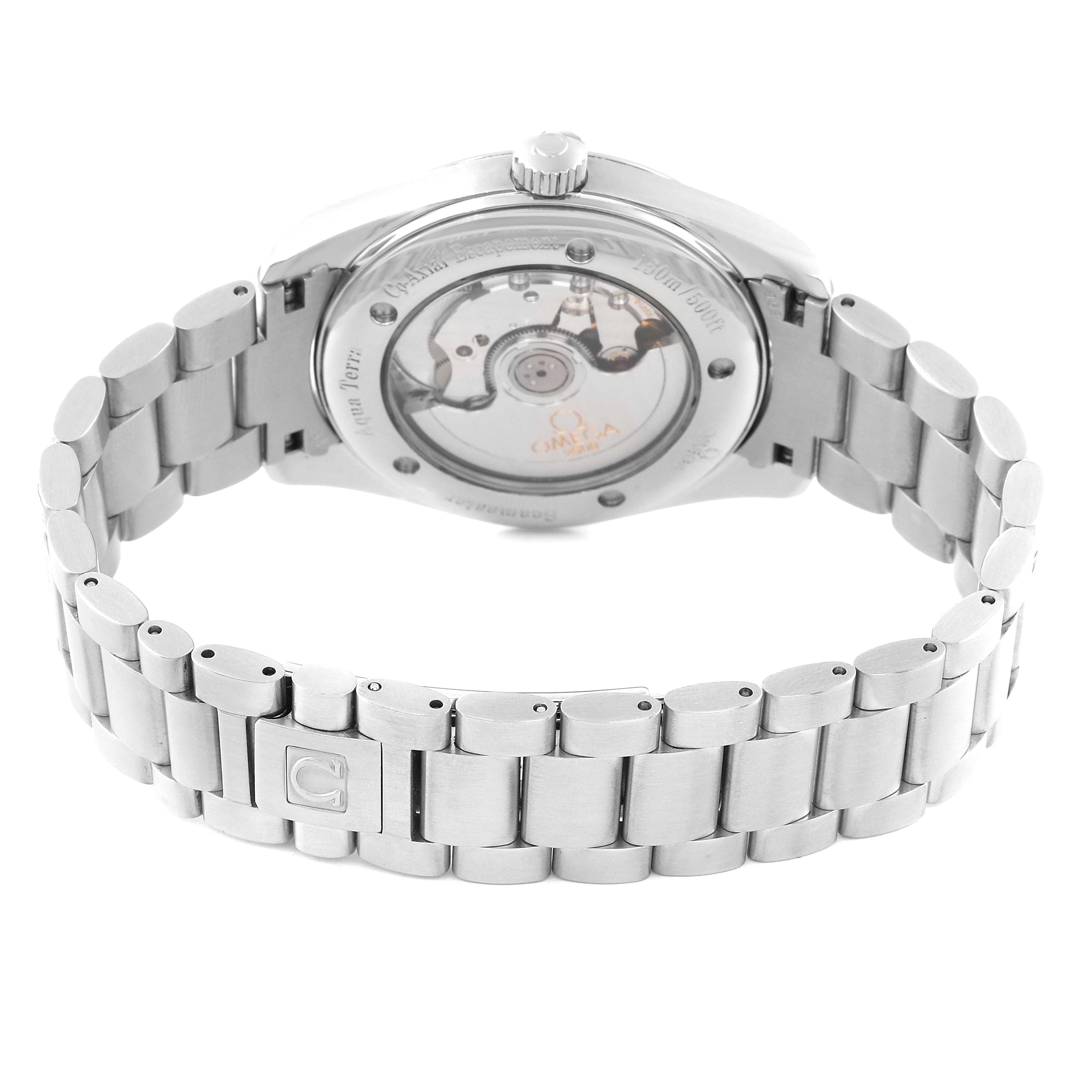 This image shows the back case and stainless steel bracelet of the Omega Aqua Terra 2503.33.00 Men
s Stainless Steel Silver Dial 2503.33.00 Men
s Stainless Steel Silver Dial watch.