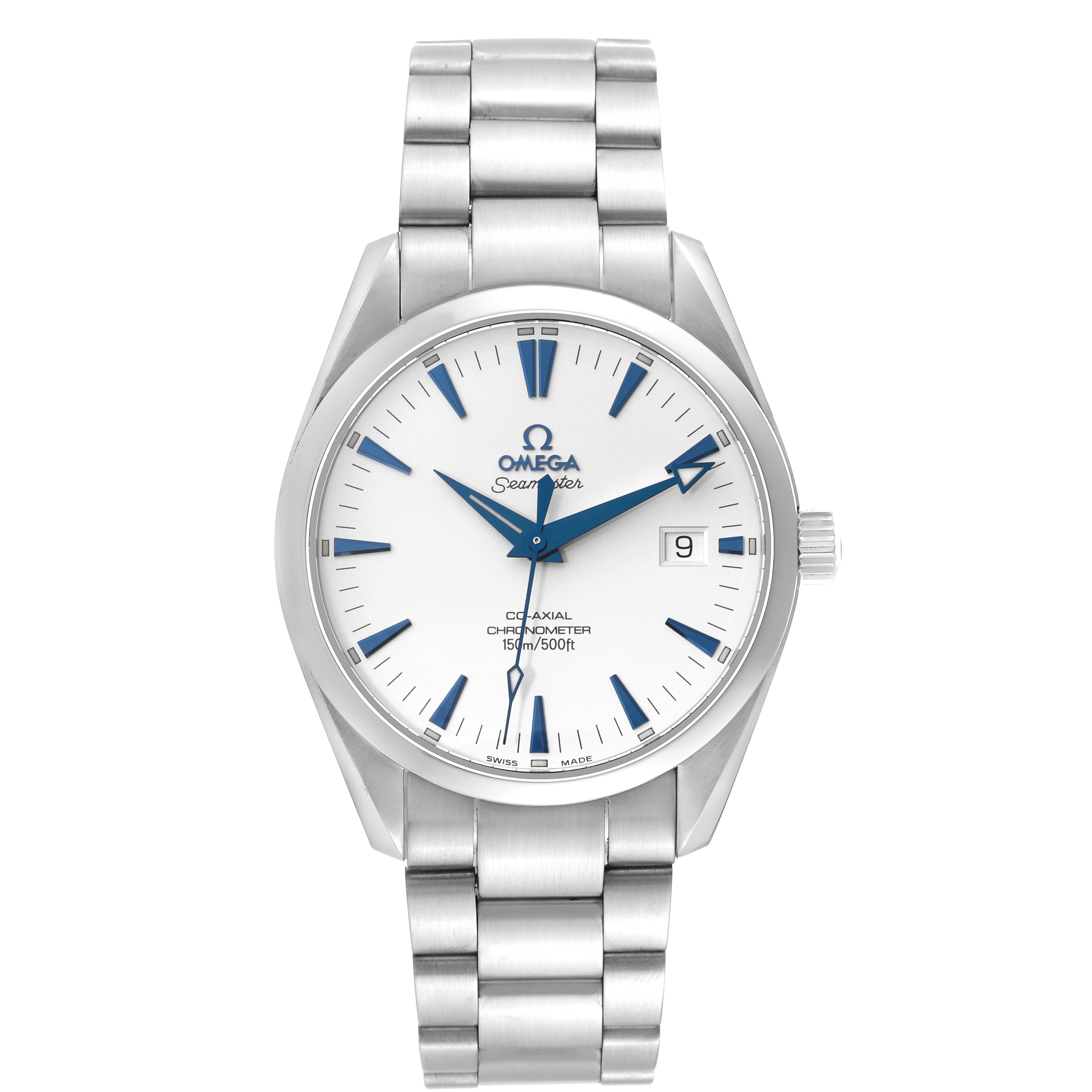 The image shows a frontal view of an Omega Aqua Terra 2503.33.00 Men
s Stainless Steel Silver Dial 2503.33.00 Men
s Stainless Steel Silver Dial watch, displaying the dial, hands, bracelet, and crown.