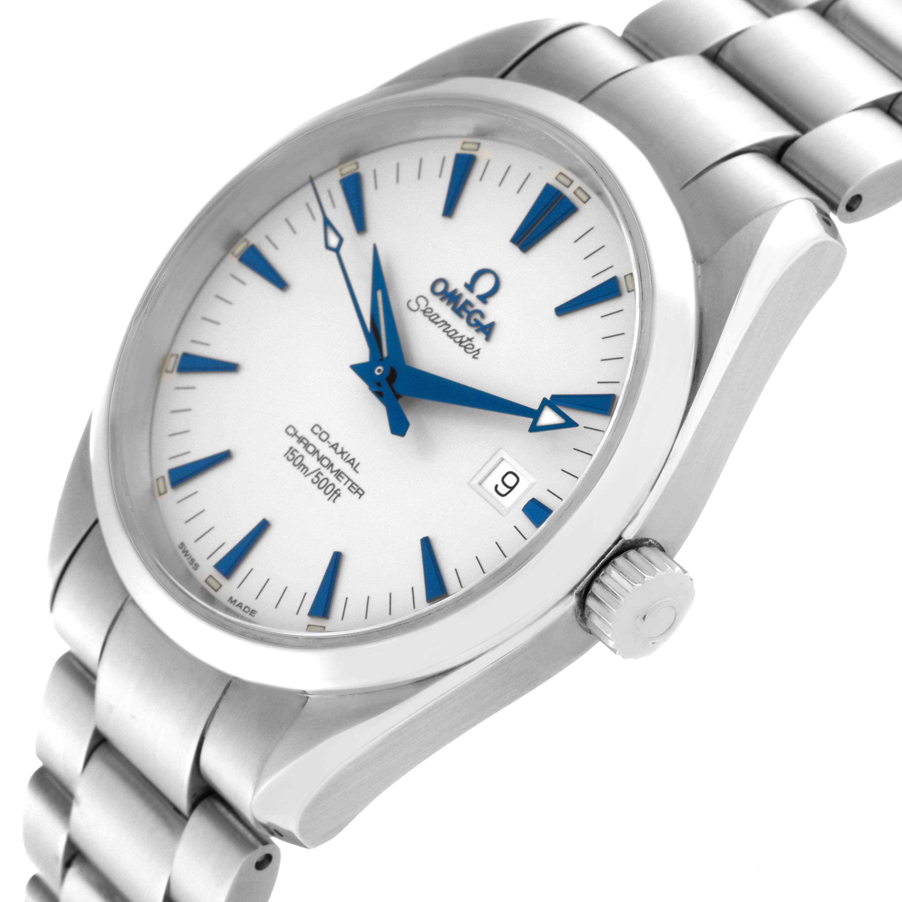 The image shows an Omega Aqua Terra 2503.33.00 Men
s Stainless Steel Silver Dial 2503.33.00 Men
s Stainless Steel Silver Dial Seamaster watch from an angled top view, highlighting its face, bezel, and bracelet.