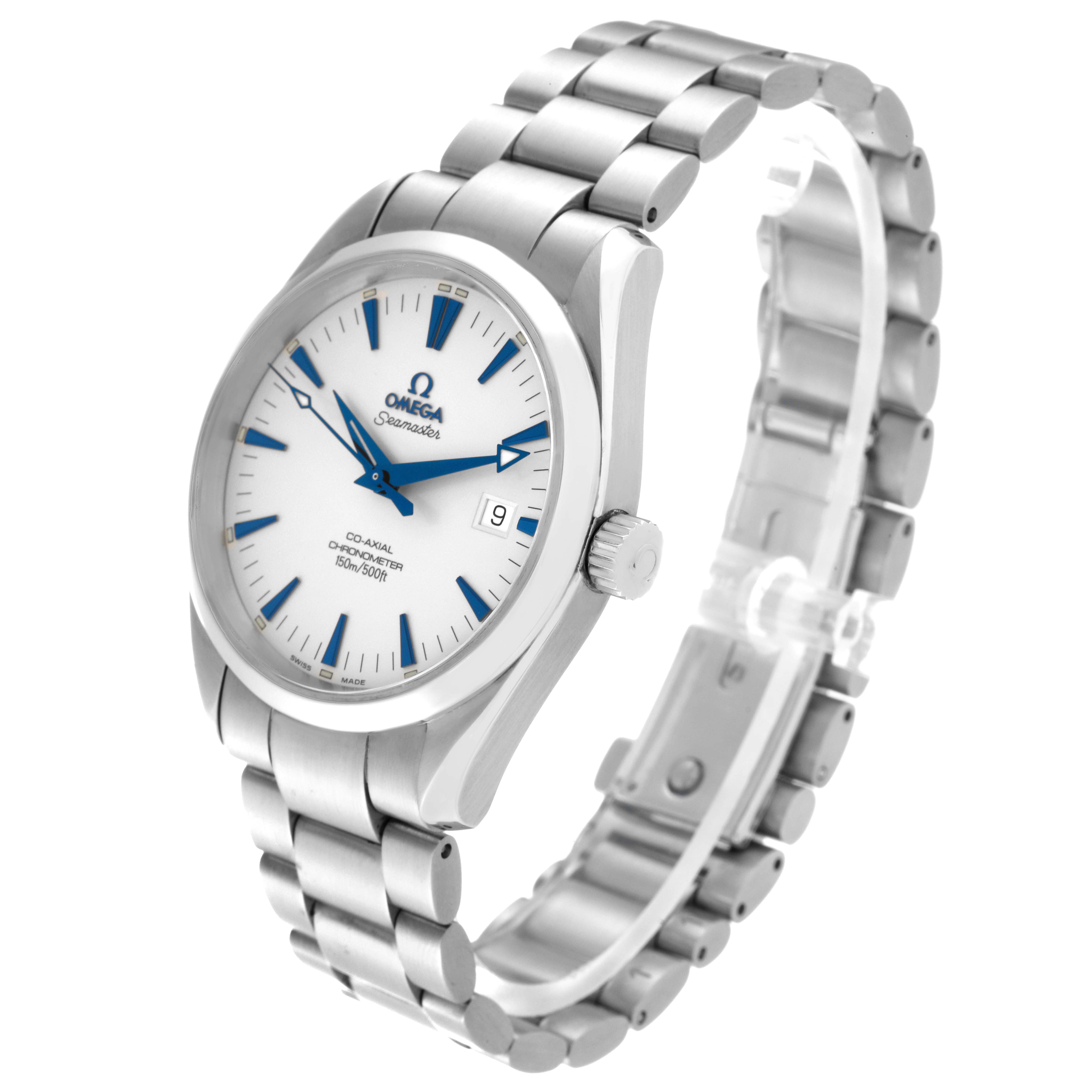 The Omega Aqua Terra 2503.33.00 Men
s Stainless Steel Silver Dial 2503.33.00 Men
s Stainless Steel Silver Dial watch is shown at a slight angle, displaying the face, crown, and metal bracelet.