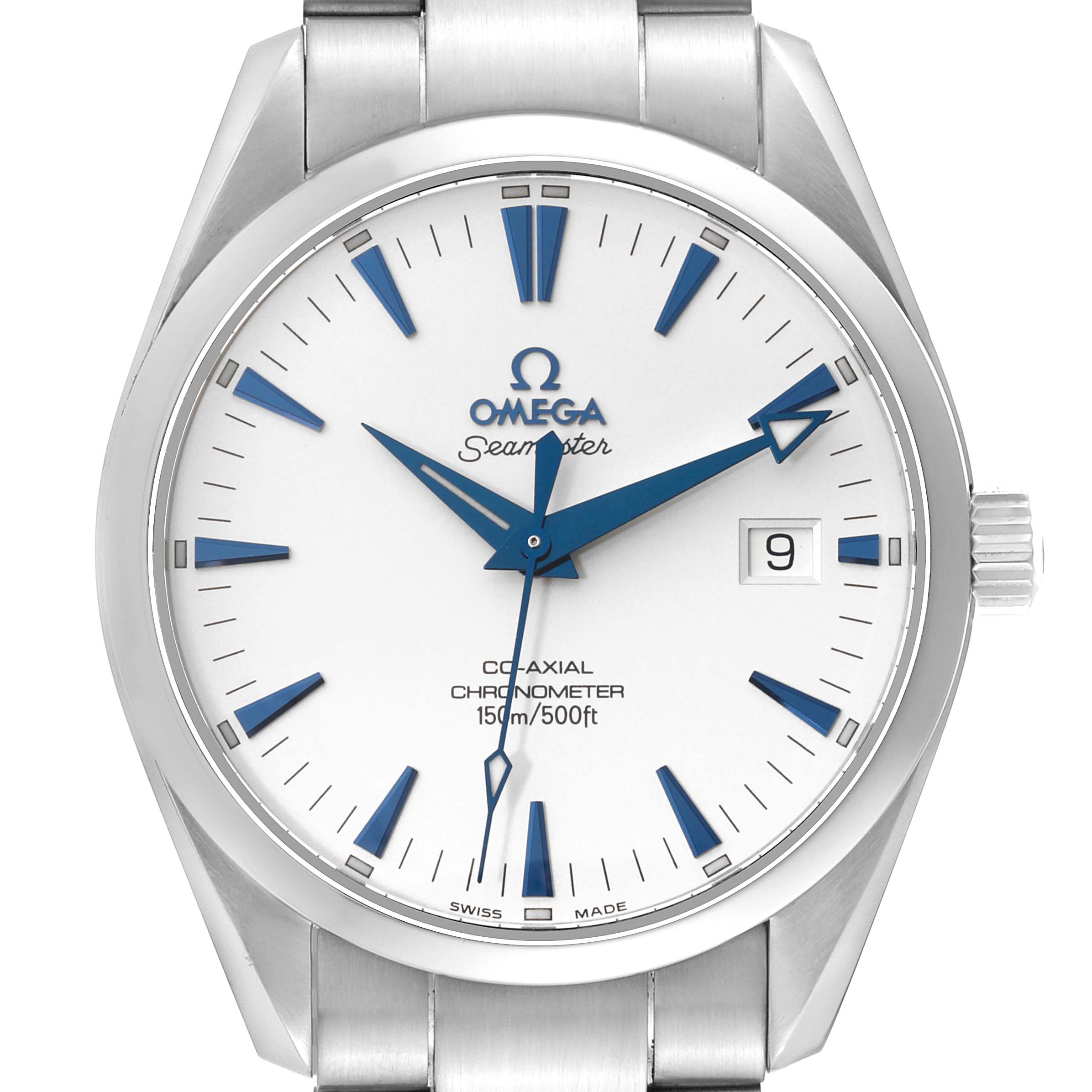 The image shows a front view of the Omega Aqua Terra 2503.33.00 Men
s Stainless Steel Silver Dial 2503.33.00 Men
s Stainless Steel Silver Dial watch, highlighting its face, dial, hands, and part of the bracelet.