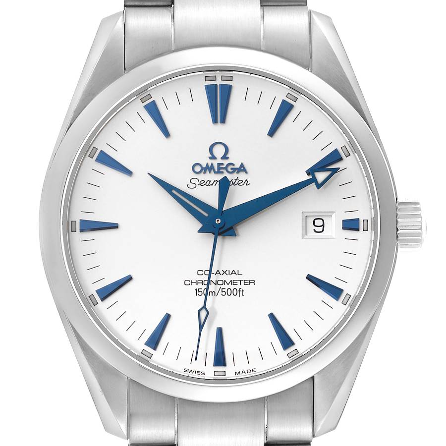 The image shows a front view of the Omega Aqua Terra watch, highlighting its face, dial, hands, and part of the bracelet.