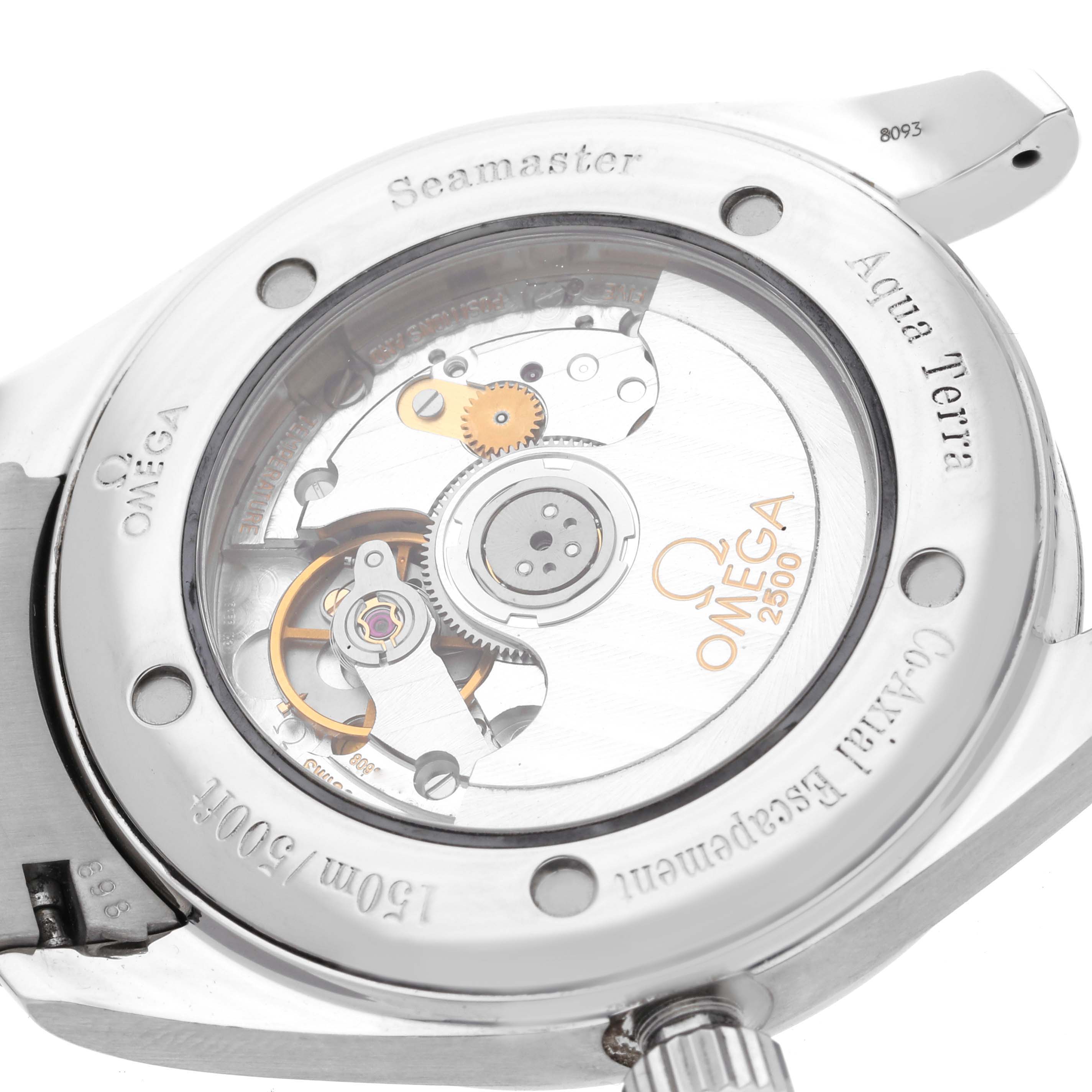 This image shows the back view of the Omega Aqua Terra 2503.33.00 Men
s Stainless Steel Silver Dial 2503.33.00 Men
s Stainless Steel Silver Dial watch, highlighting the transparent case back and internal movement.