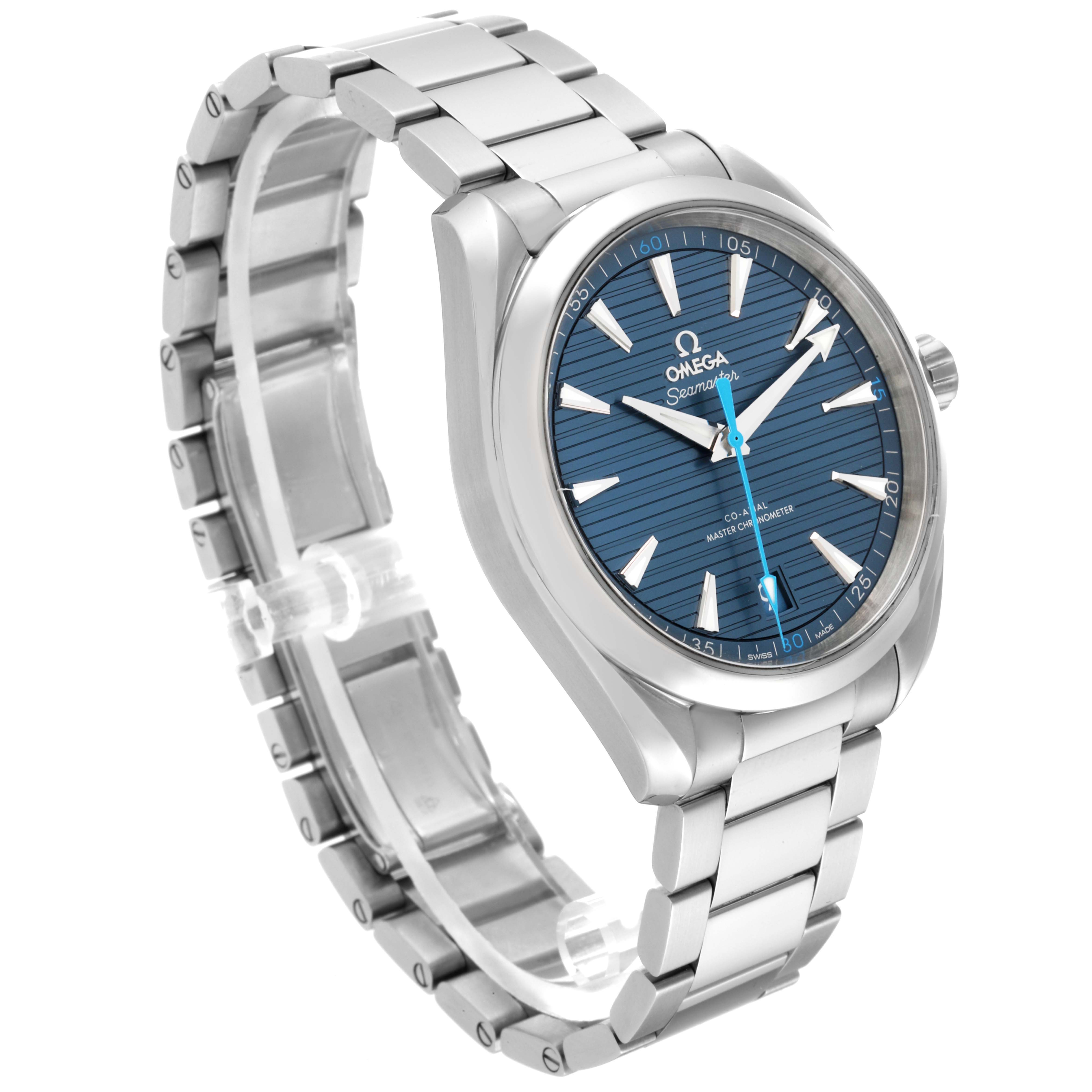 The image shows an angled view of the Omega Aqua Terra 220.10.41.21.03.002 Men
s Stainless Steel Blue Dial 220.10.41.21.03.002 Men
s Stainless Steel Blue Dial watch, highlighting its blue dial and stainless steel bracelet.