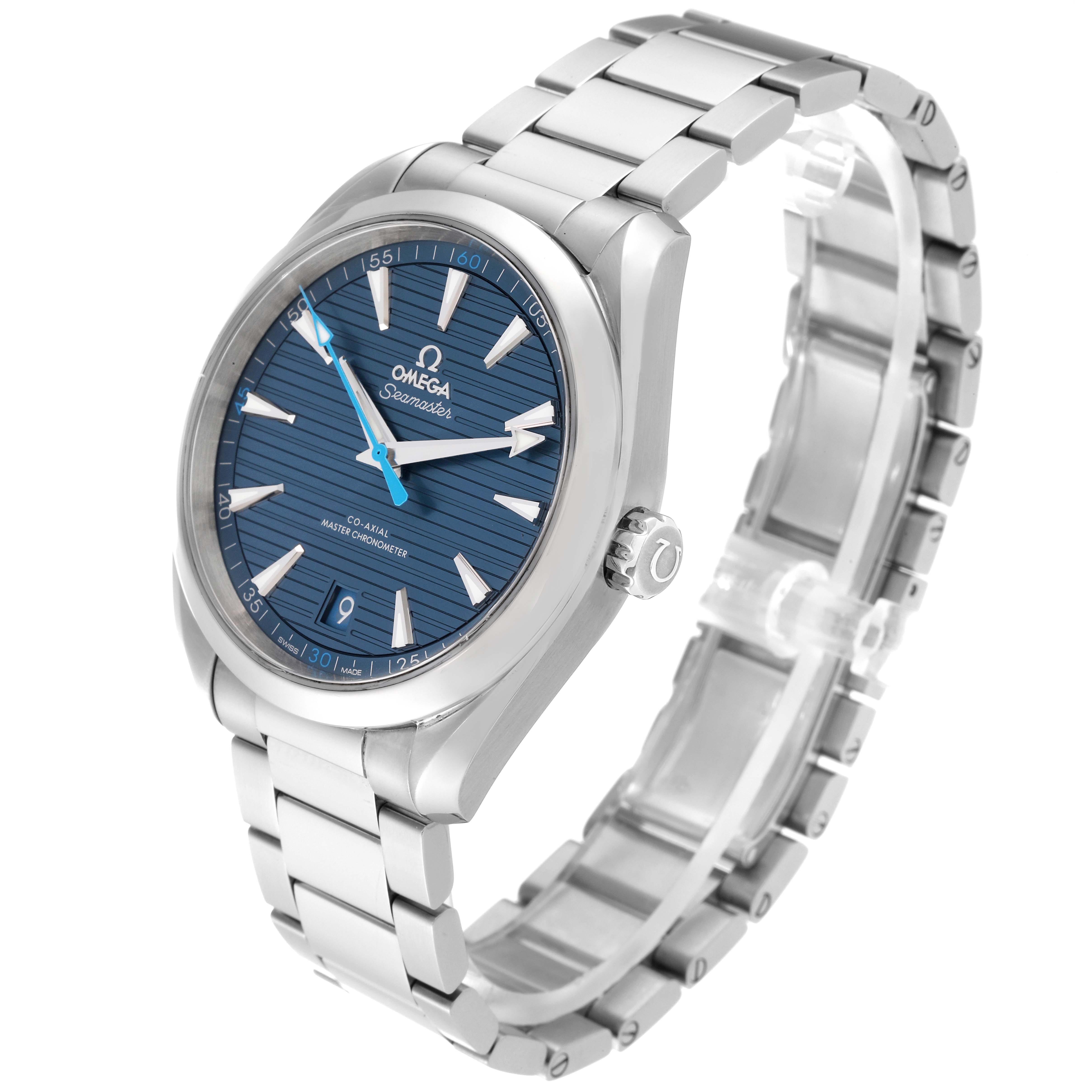 The Omega Aqua Terra 220.10.41.21.03.002 Men
s Stainless Steel Blue Dial 220.10.41.21.03.002 Men
s Stainless Steel Blue Dial is pictured at an angled side view, showcasing its bracelet, dial, and crown.