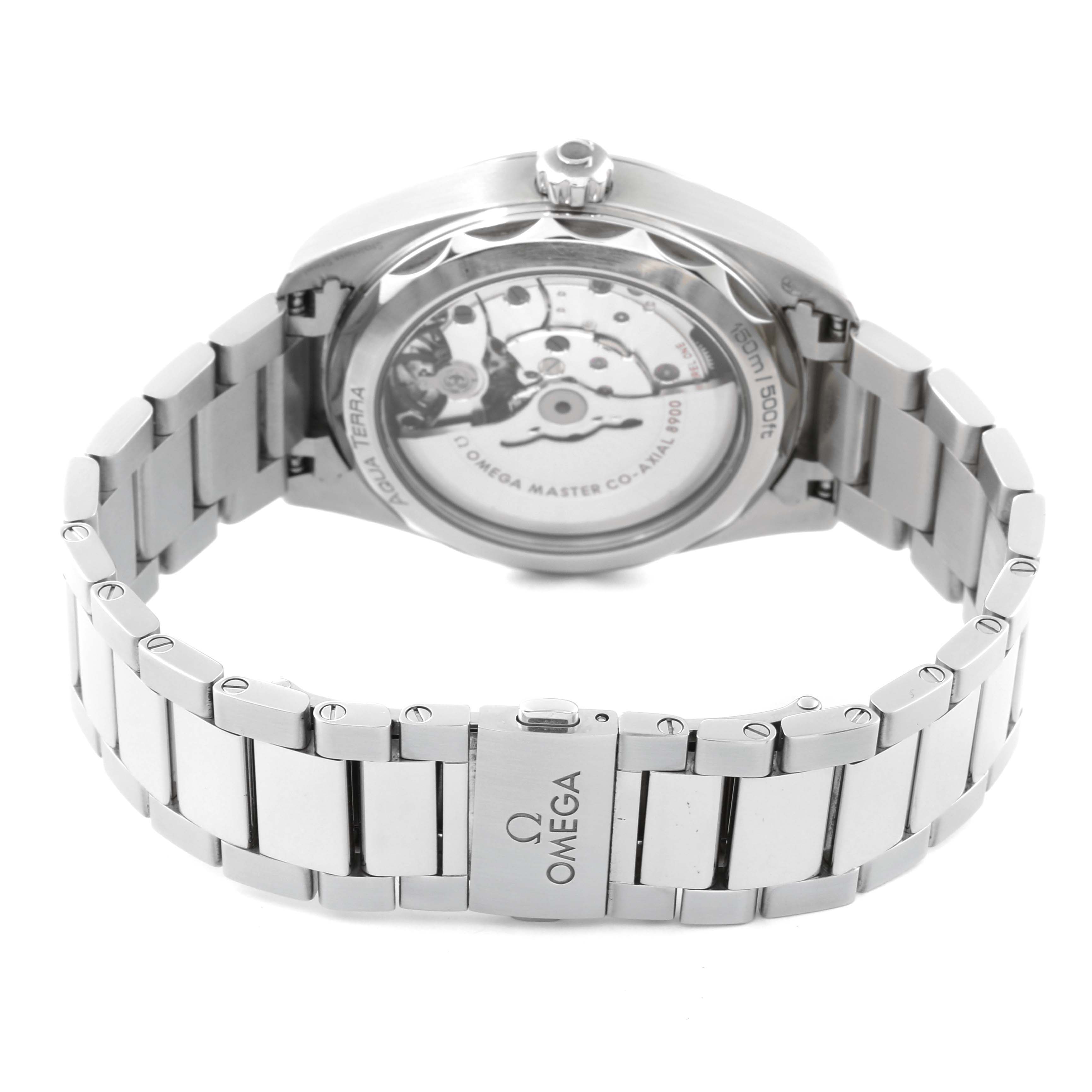 The image shows the back case and bracelet of an Omega Aqua Terra 220.10.41.21.03.002 Men
s Stainless Steel Blue Dial 220.10.41.21.03.002 Men
s Stainless Steel Blue Dial model, highlighting the movement and clasp.