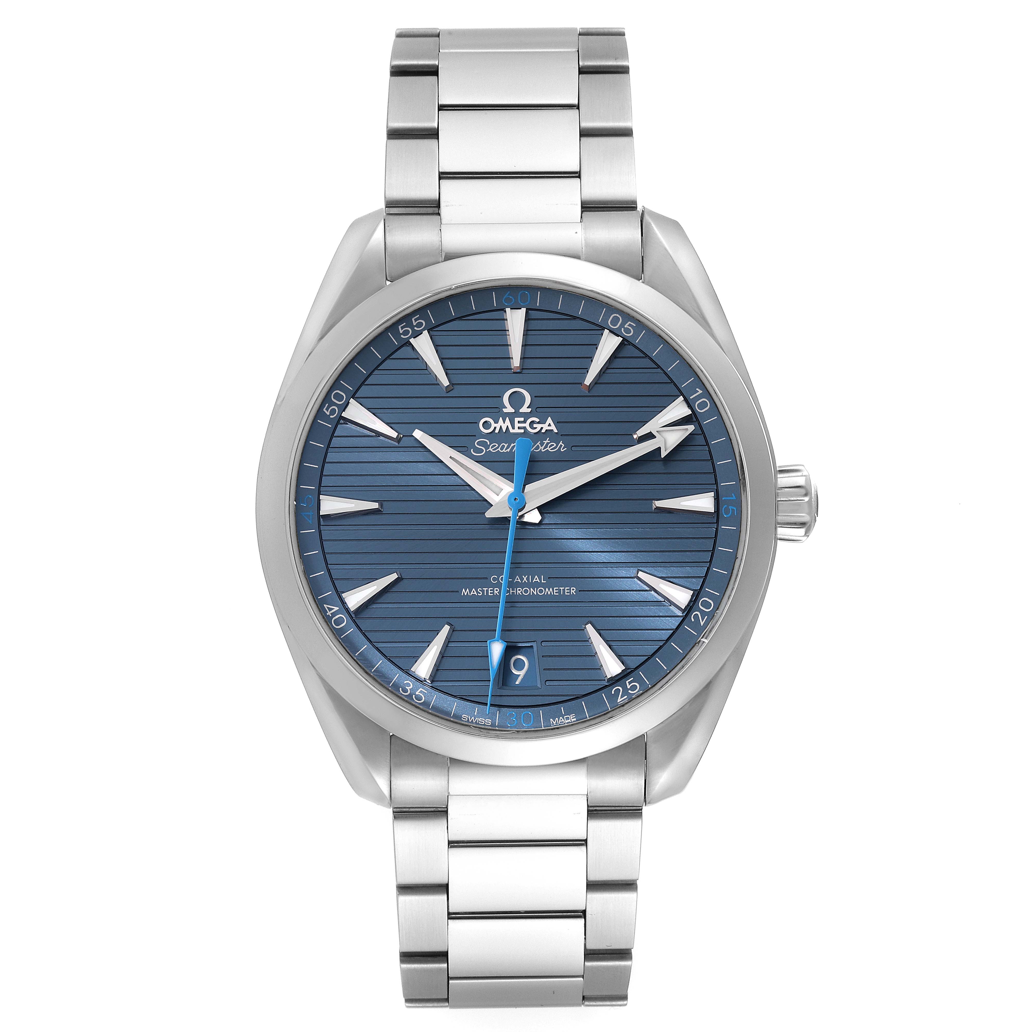The image shows a front view of the Omega Aqua Terra 220.10.41.21.03.002 Men
s Stainless Steel Blue Dial 220.10.41.21.03.002 Men
s Stainless Steel Blue Dial watch, highlighting the face, bezel, crown, and stainless steel bracelet.
