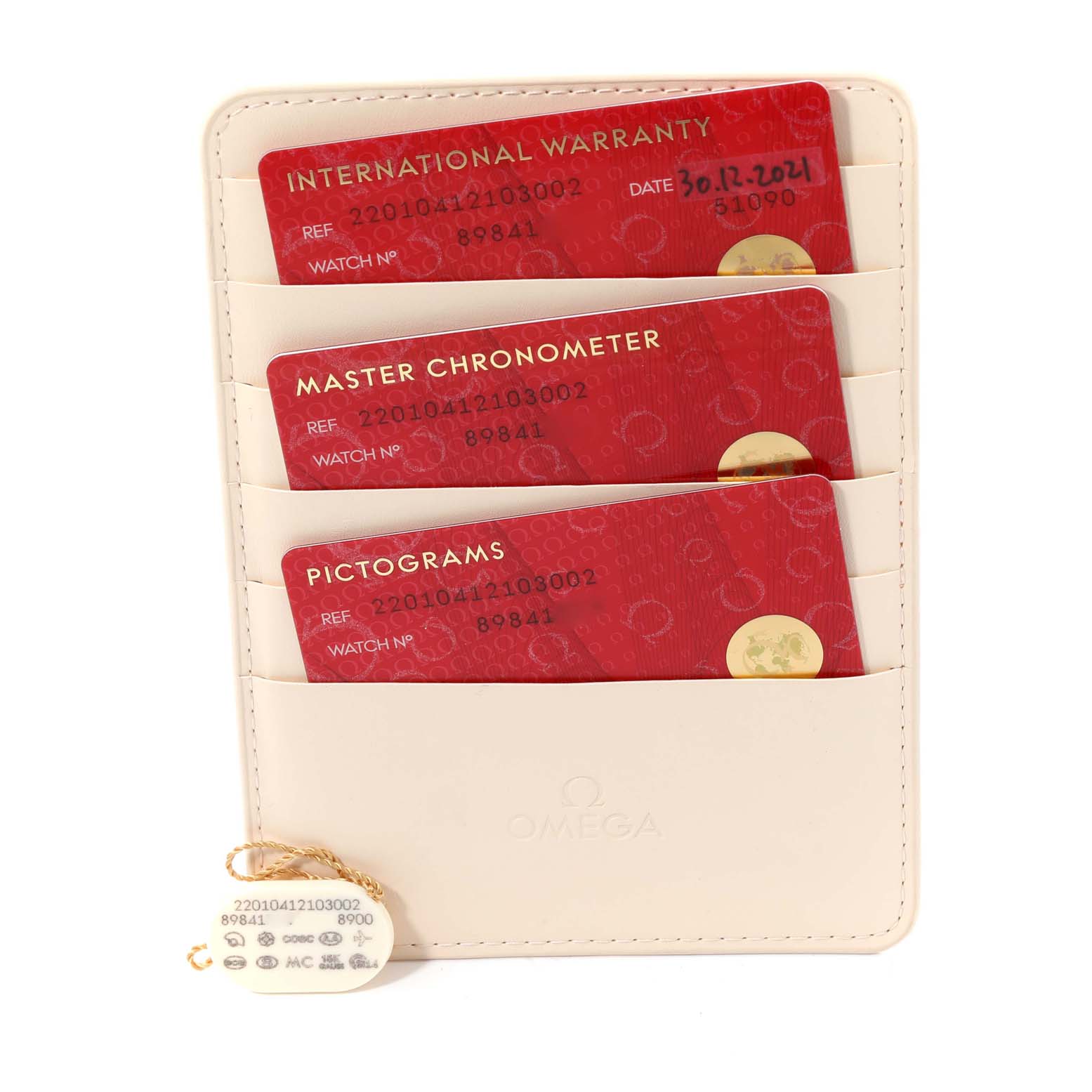 The image shows warranty cards and certification cards for the Omega Aqua Terra 220.10.41.21.03.002 Men
s Stainless Steel Blue Dial 220.10.41.21.03.002 Men
s Stainless Steel Blue Dial model, contained in a holder.