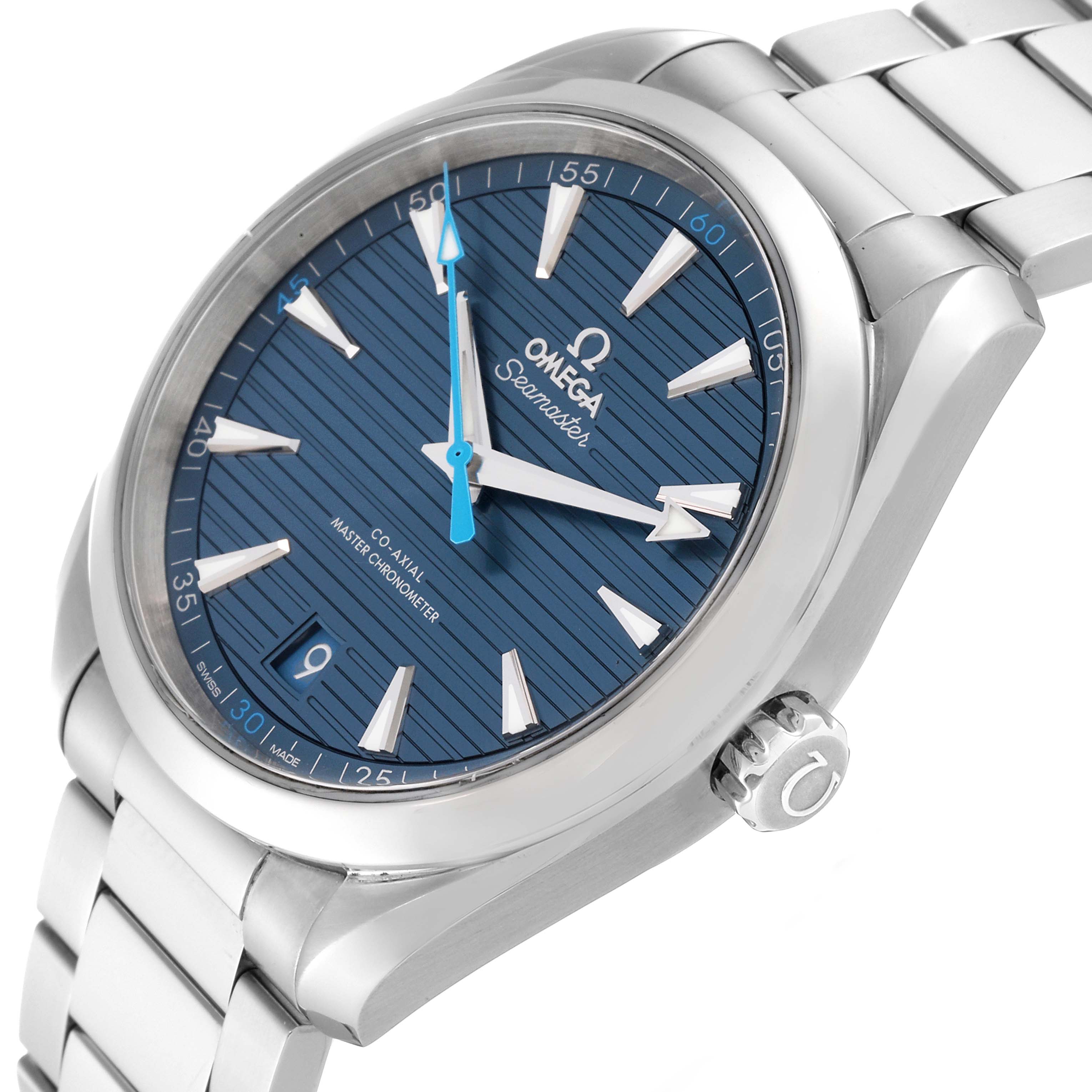 The Omega Aqua Terra 220.10.41.21.03.002 Men
s Stainless Steel Blue Dial 220.10.41.21.03.002 Men
s Stainless Steel Blue Dial watch is shown at a slight angle, displaying its blue dial, hour markers, hands, and part of its stainless steel bracelet.