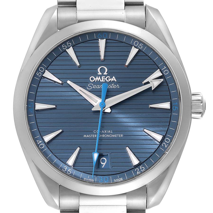 The image shows a front view of the Omega Aqua Terra, focusing on the blue dial, silver indices, and part of the metal bracelet.