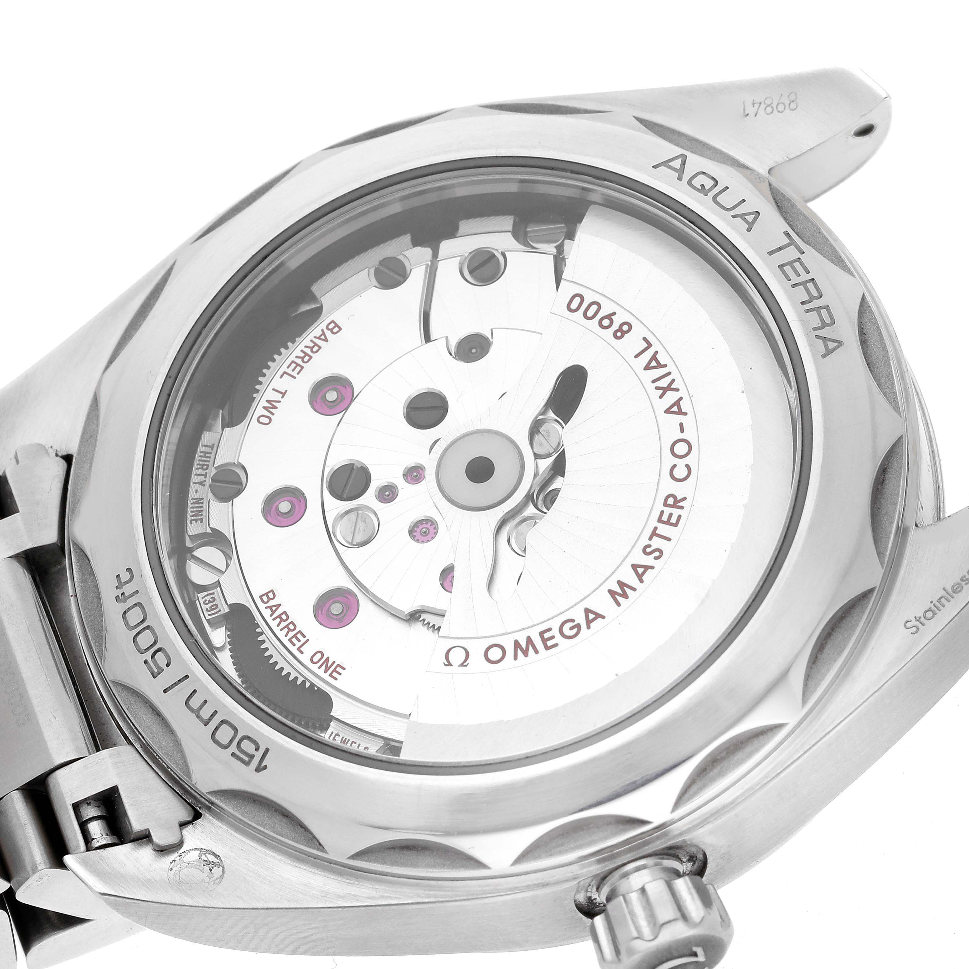 The image shows the back view of an Omega Aqua Terra 220.10.41.21.03.002 Men
s Stainless Steel Blue Dial 220.10.41.21.03.002 Men
s Stainless Steel Blue Dial watch, displaying its transparent case back and the mechanical movement inside.