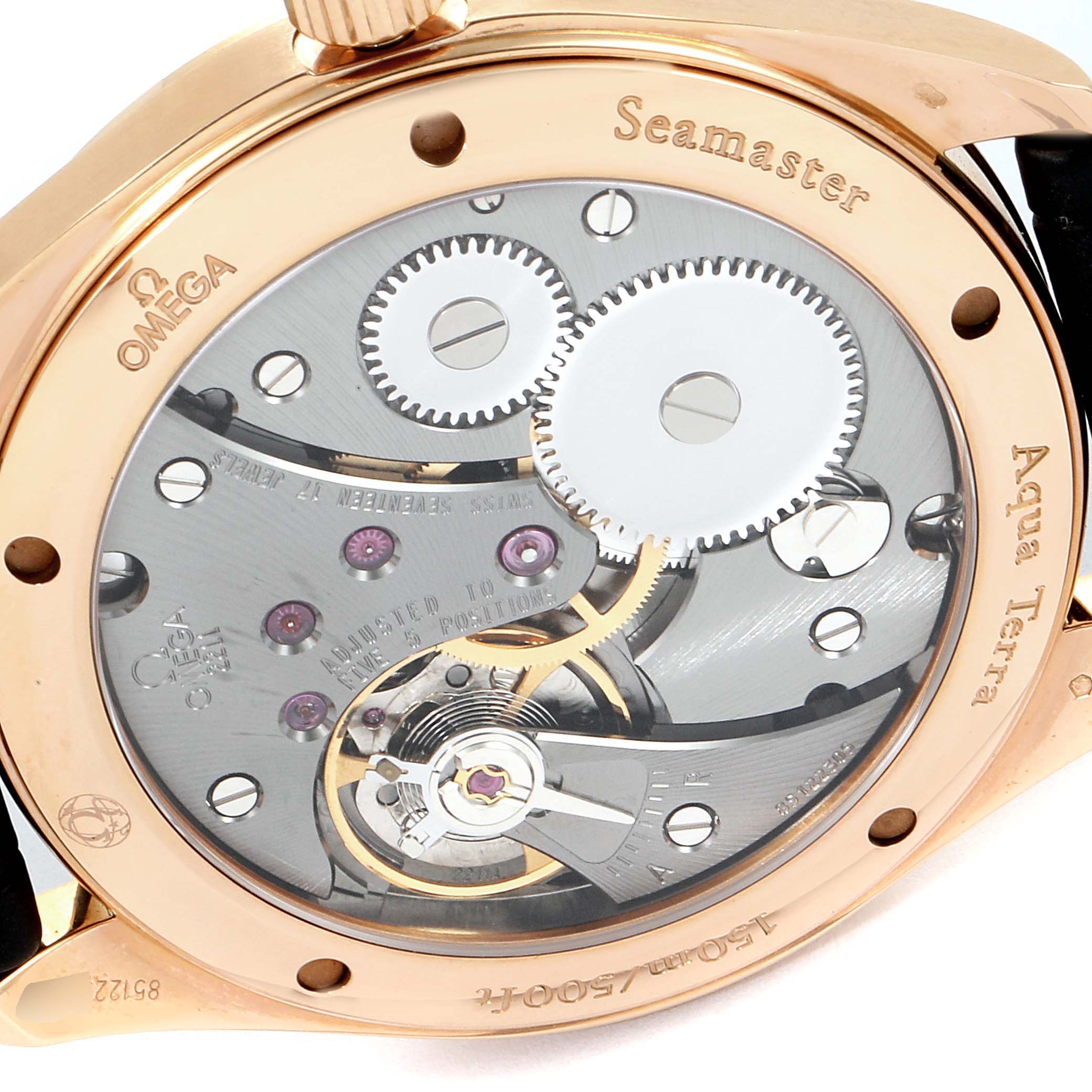 The image shows the back view of the Omega Aqua Terra 231.53.49.10.06.001 Men's Rose Gold Grey Dial 231.53.49.10.06.001 Men's Rose Gold Grey Dial watch, highlighting its intricate movement mechanism.