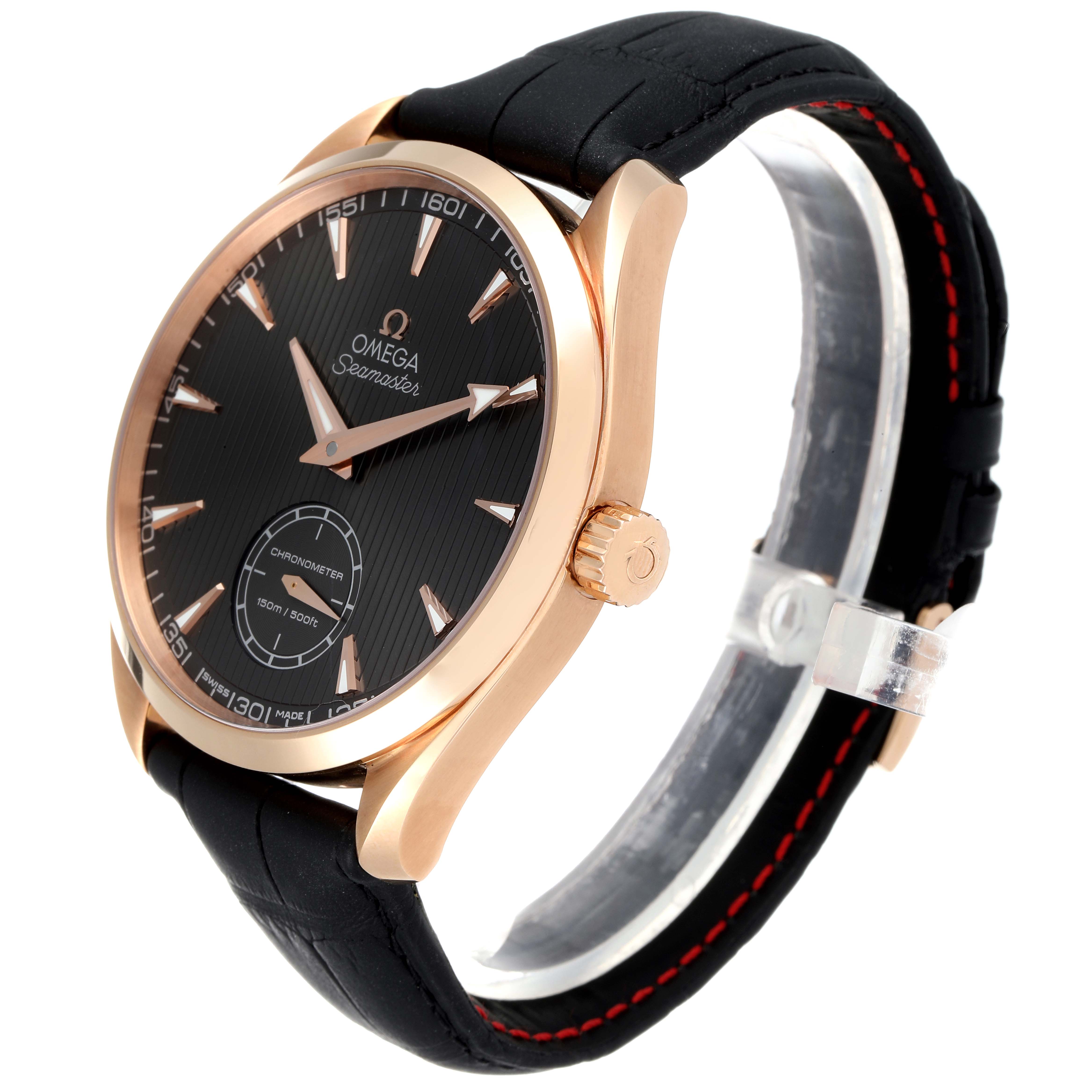 The image shows an angled view of the Omega Aqua Terra 231.53.49.10.06.001 Men's Rose Gold Grey Dial 231.53.49.10.06.001 Men's Rose Gold Grey Dial watch, focusing on the face, bezel, and strap.