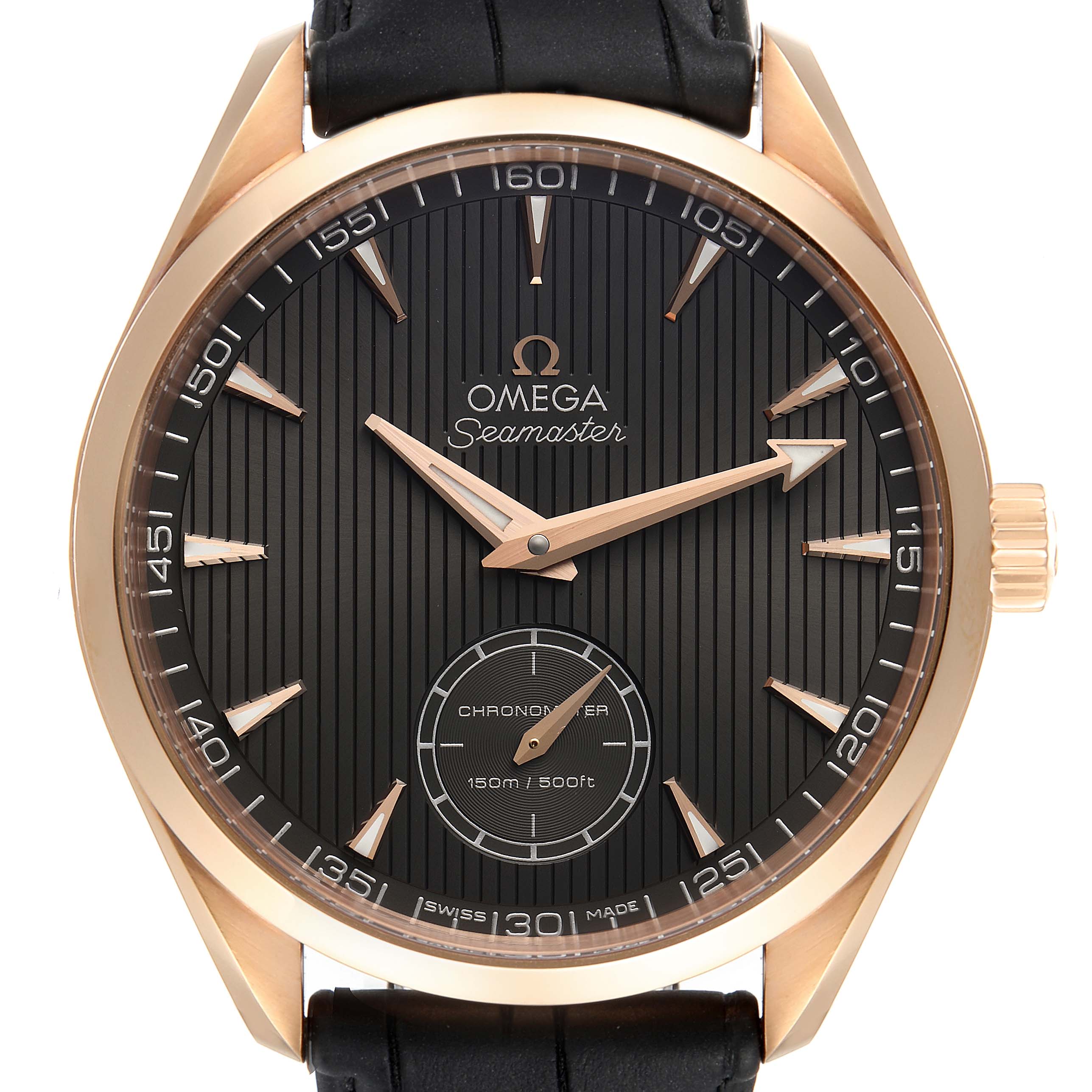 The image shows a front view of the Omega Aqua Terra 231.53.49.10.06.001 Men's Rose Gold Grey Dial 231.53.49.10.06.001 Men's Rose Gold Grey Dial Seamaster watch, highlighting its dial, hands, and leather strap.