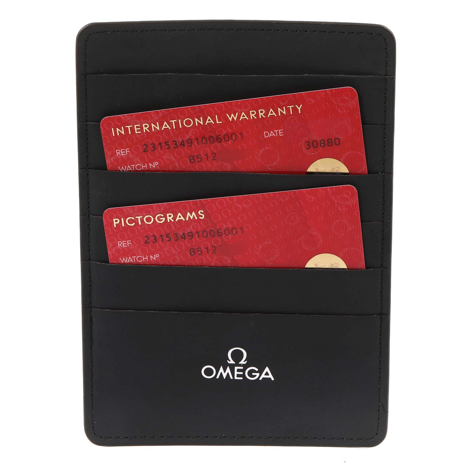 The image shows an Omega cardholder with International Warranty and Pictograms cards for the Aqua Terra model.