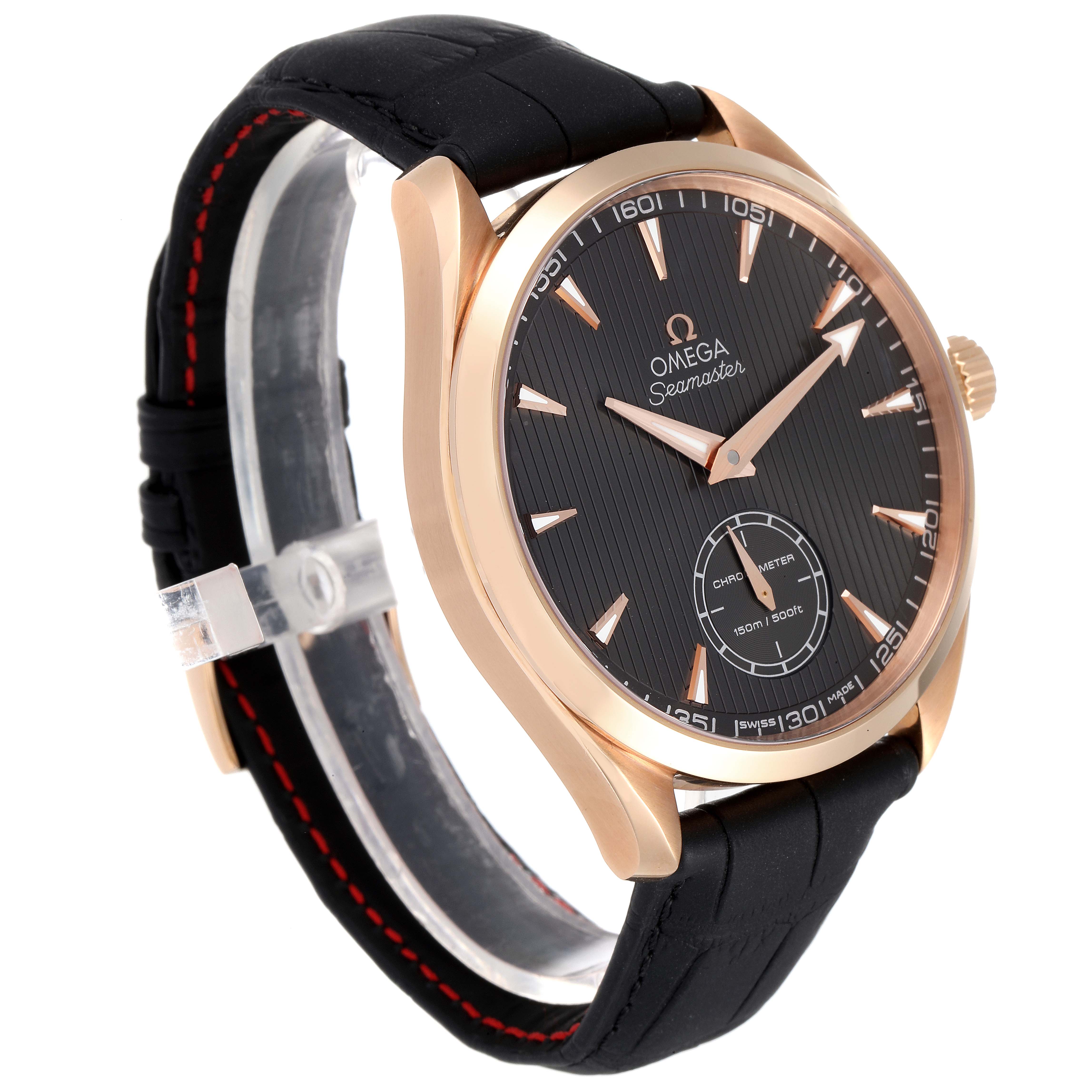 The Omega Aqua Terra 231.53.49.10.06.001 Men's Rose Gold Grey Dial 231.53.49.10.06.001 Men's Rose Gold Grey Dial watch is shown at an angle highlighting its black dial, rose gold case, and leather strap.