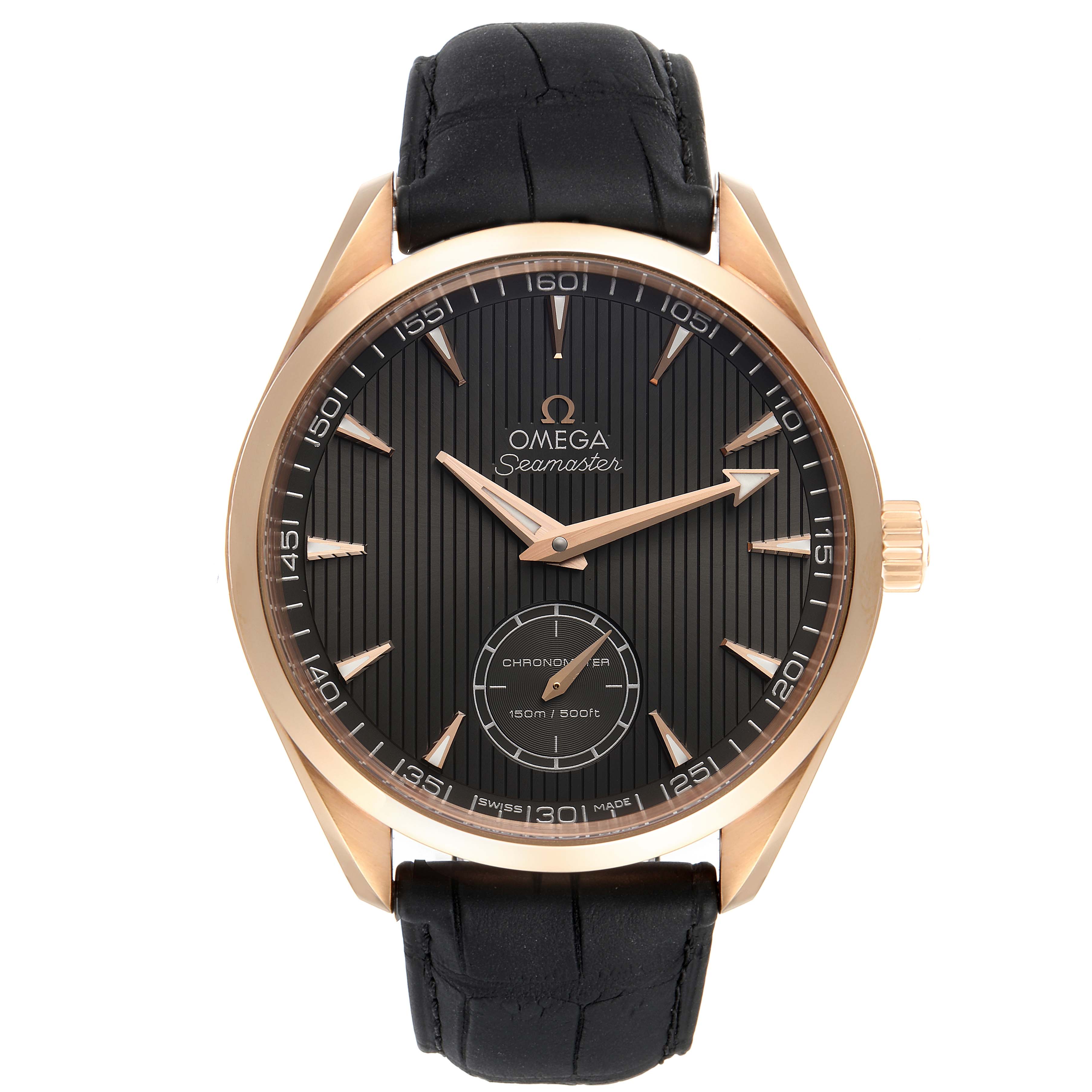 The image shows a front view of the Omega Aqua Terra 231.53.49.10.06.001 Men's Rose Gold Grey Dial 231.53.49.10.06.001 Men's Rose Gold Grey Dial Seamaster watch, highlighting its black dial, rose gold case, and black leather strap.