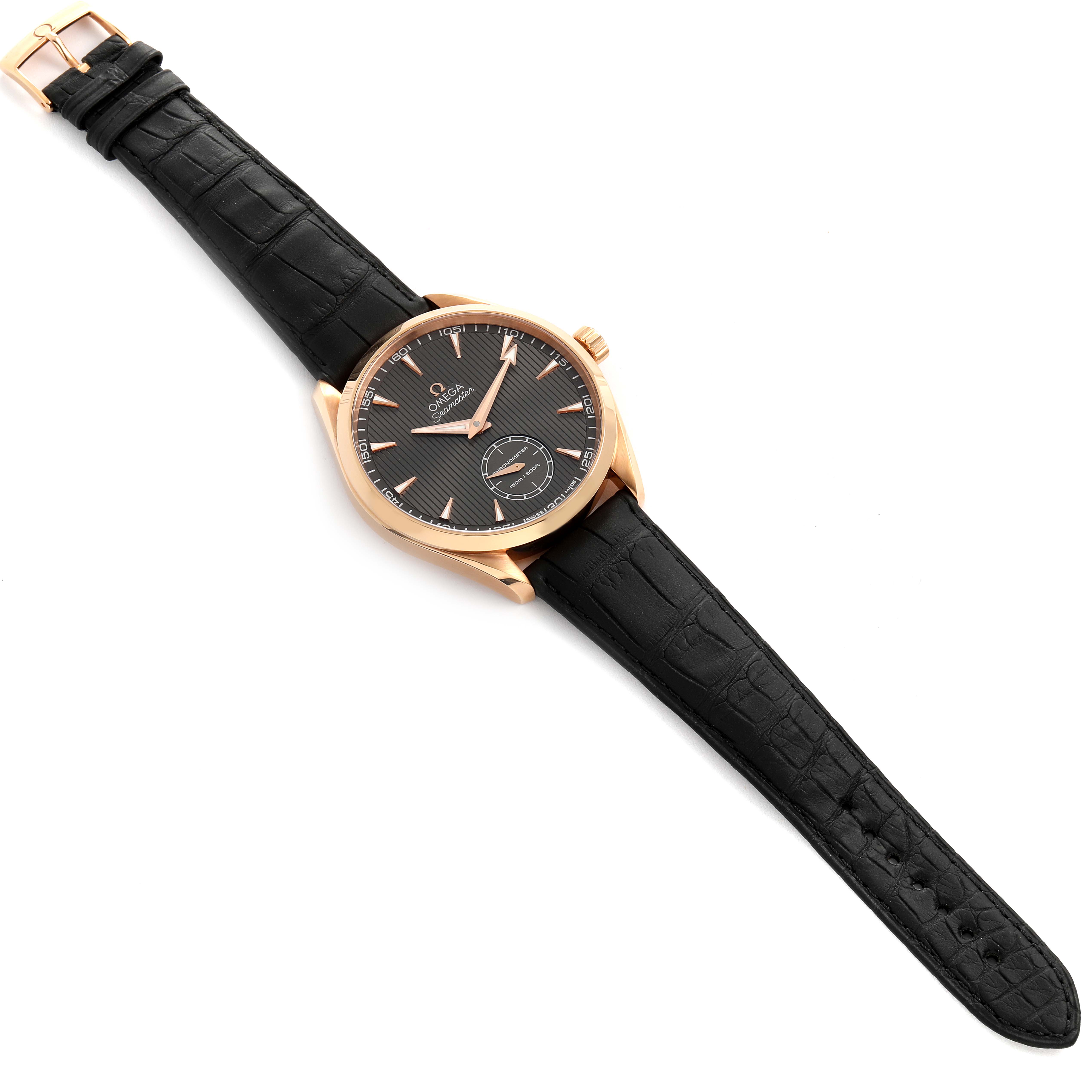 The Omega Aqua Terra 231.53.49.10.06.001 Men's Rose Gold Grey Dial 231.53.49.10.06.001 Men's Rose Gold Grey Dial watch is shown at an angle displaying the face, case, crown, and full leather strap.