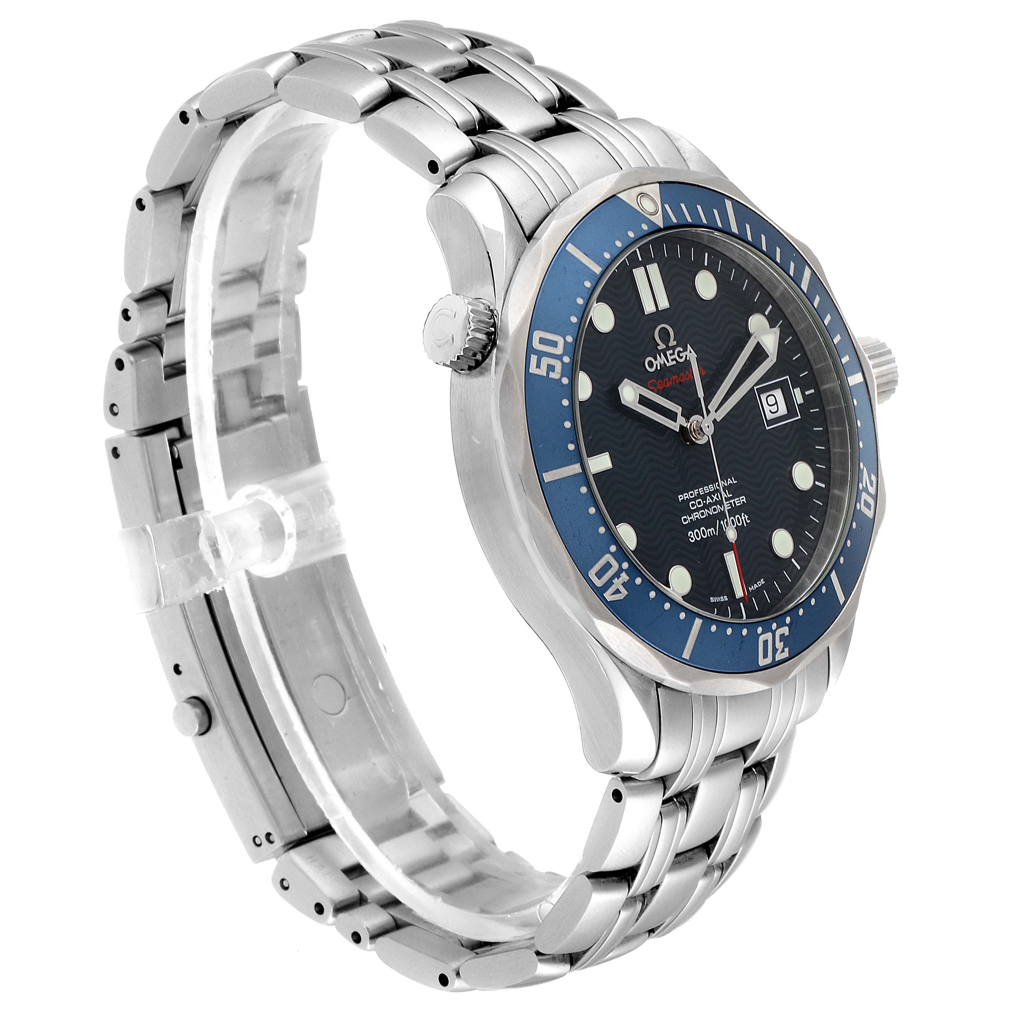 The image shows an Omega Seamaster 2220.80.00 Men
s Stainless Steel Blue Dial 2220.80.00 Men
s Stainless Steel Blue Dial watch at a 3/4 angle, highlighting the bracelet, bezel, dial, and crown.