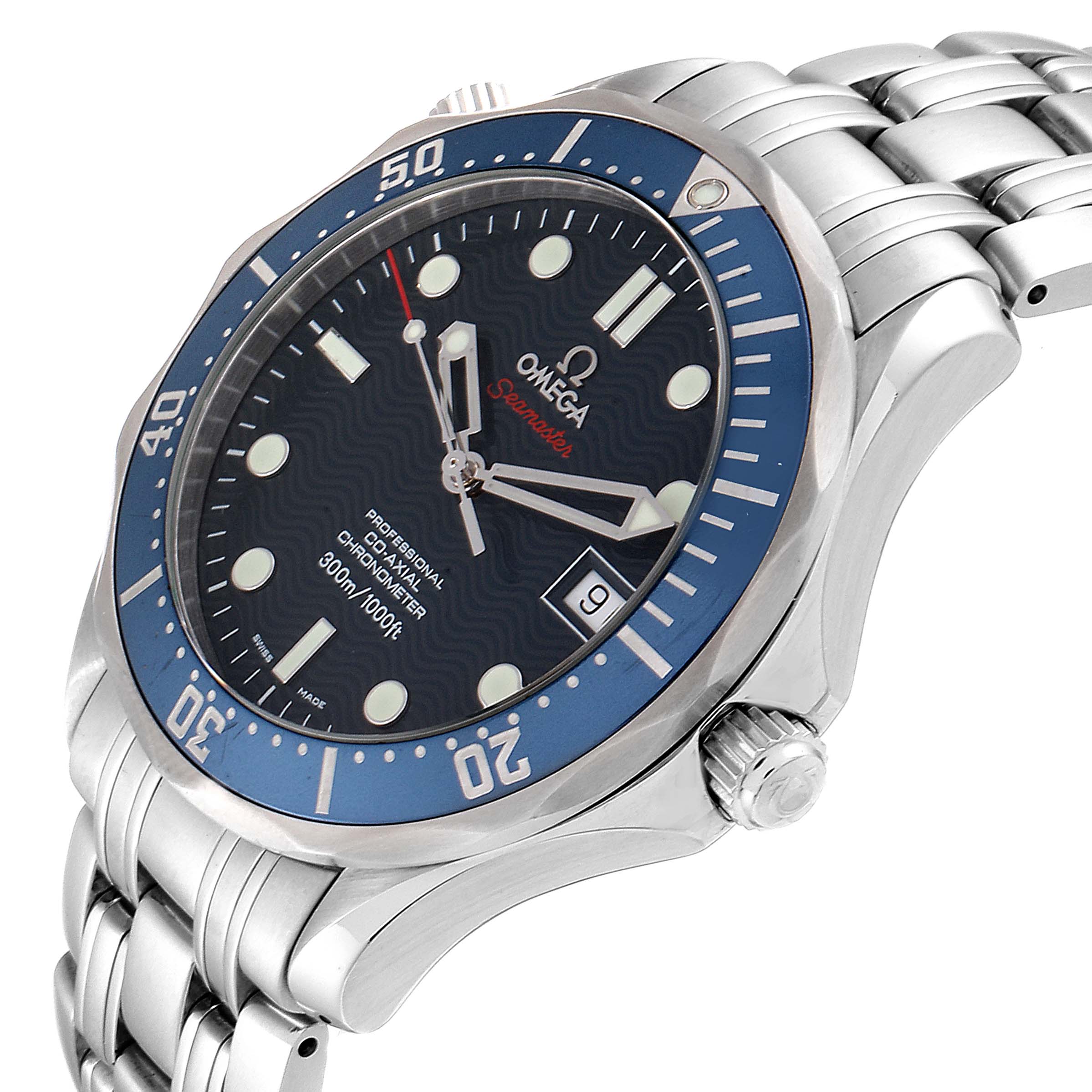 The image shows a side and front angle of the Omega Seamaster 2220.80.00 Men
s Stainless Steel Blue Dial 2220.80.00 Men
s Stainless Steel Blue Dial watch, highlighting its dial, bezel, bracelet, and crown.