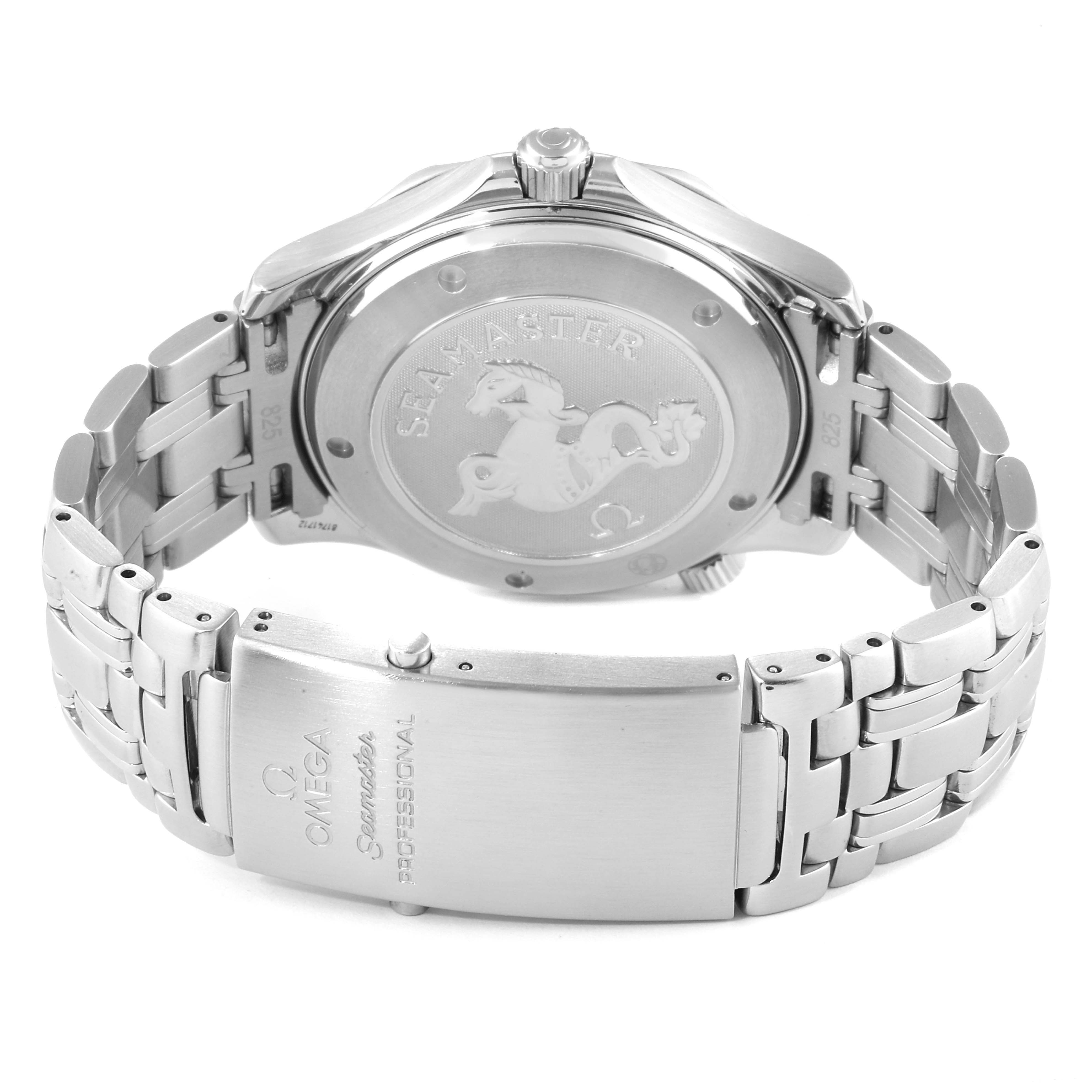 The image shows the back case and clasp of an Omega Seamaster 2220.80.00 Men
s Stainless Steel Blue Dial 2220.80.00 Men
s Stainless Steel Blue Dial watch at a rear angle.