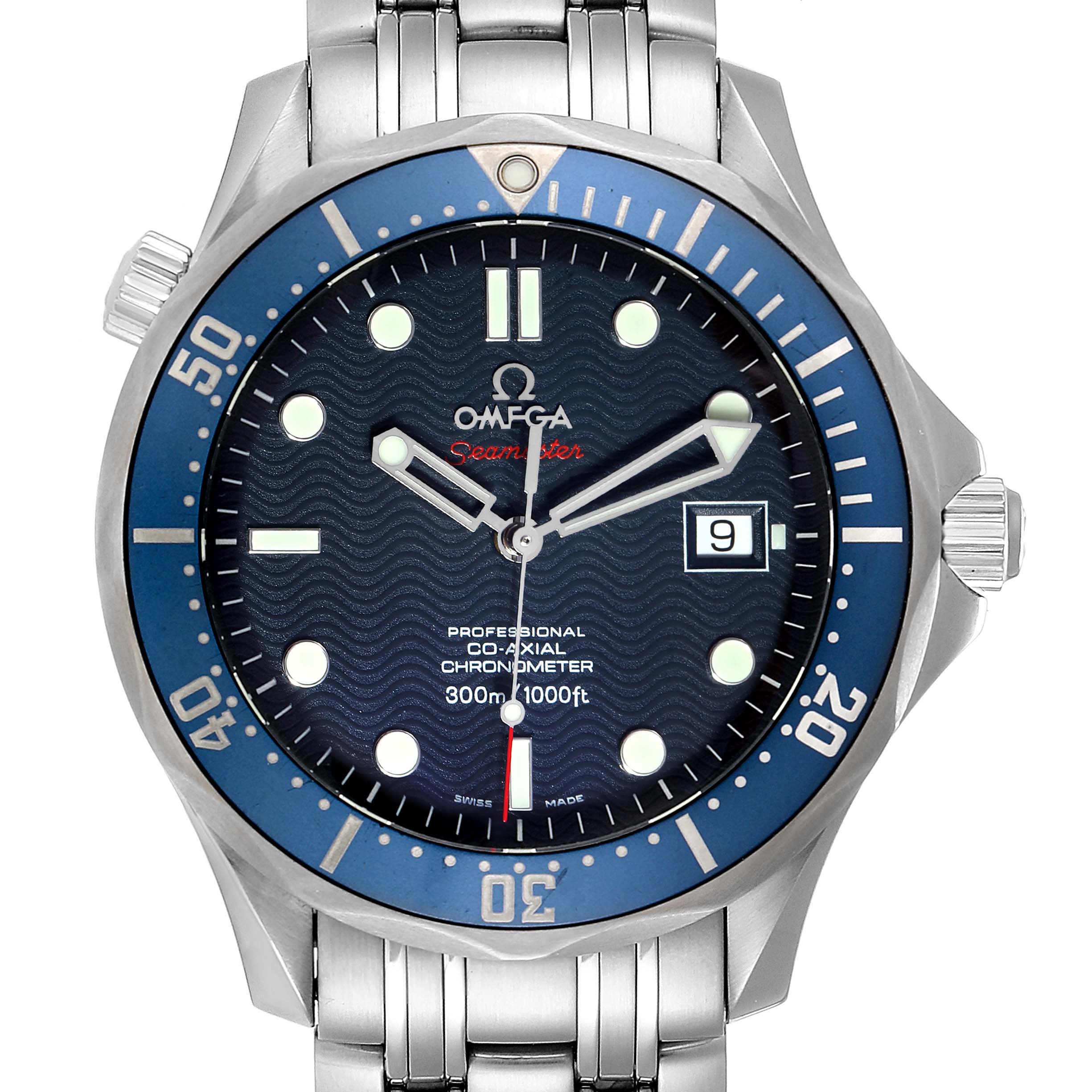 The image shows a front view of an Omega Seamaster 2220.80.00 Men
s Stainless Steel Blue Dial 2220.80.00 Men
s Stainless Steel Blue Dial watch, highlighting the dial, bezel, hands, and part of the bracelet.