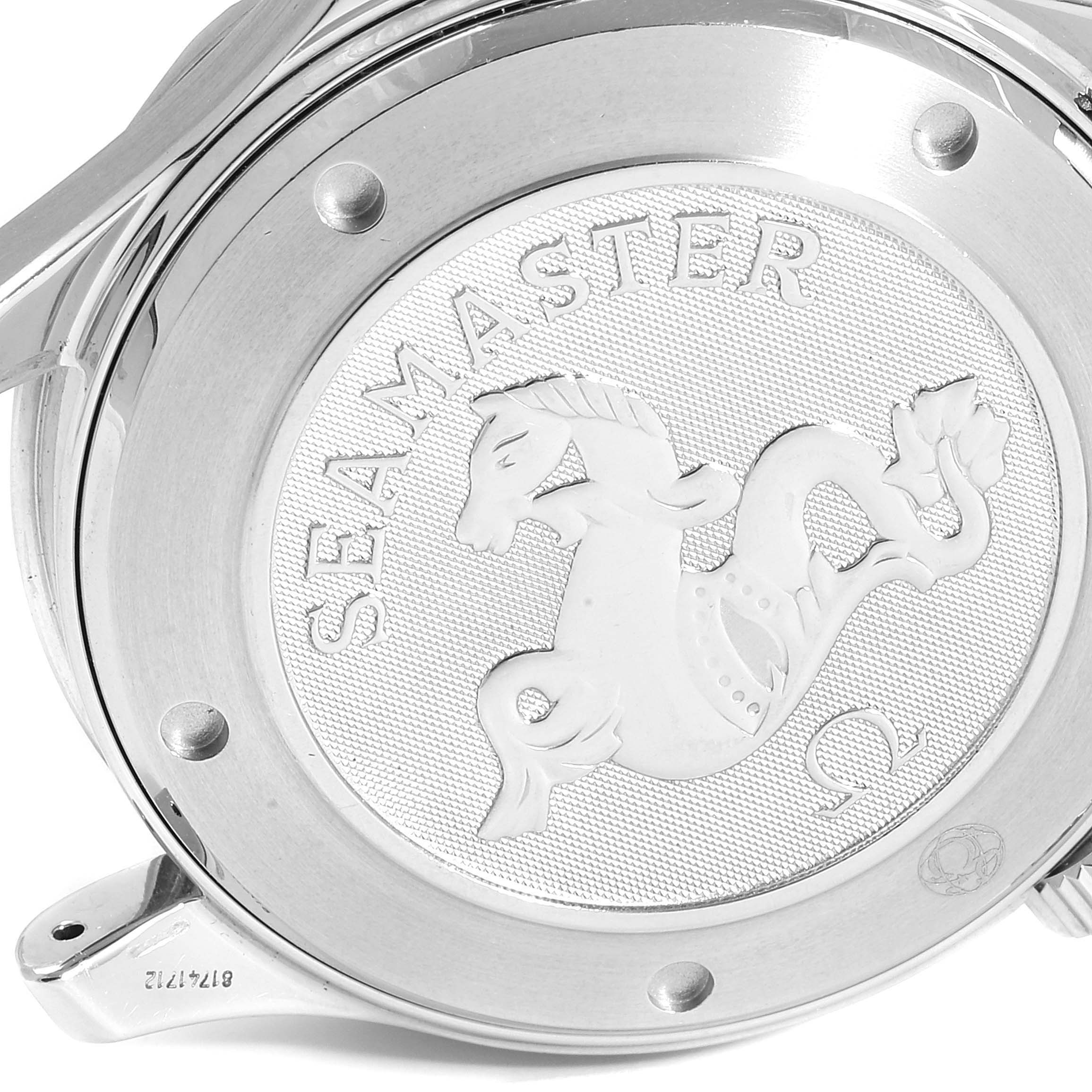 The image shows the case back of an Omega Seamaster 2220.80.00 Men
s Stainless Steel Blue Dial 2220.80.00 Men
s Stainless Steel Blue Dial watch, featuring the engraved logo and decorative design.