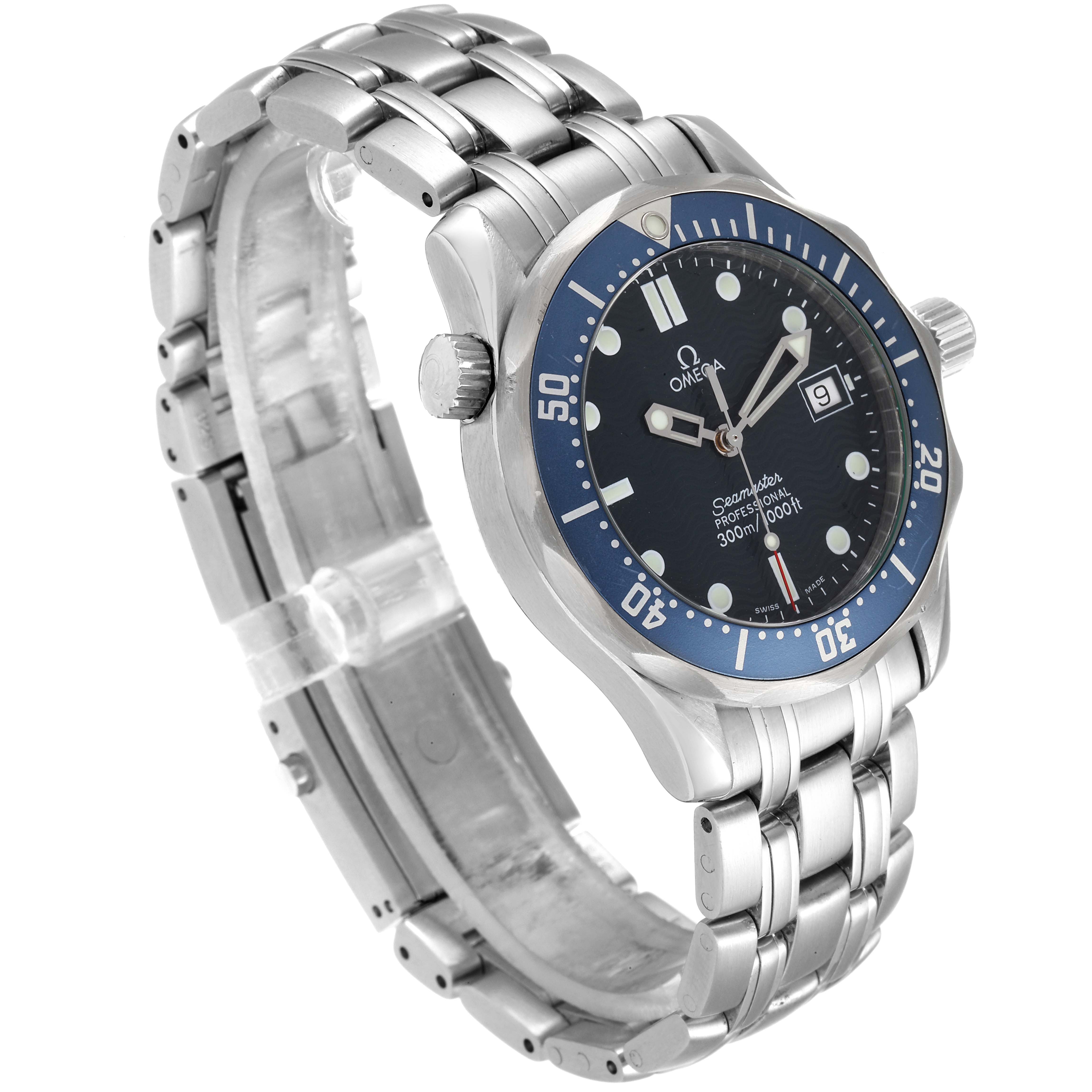 The Omega Seamaster 2561.80.00 Men's Stainless Steel Blue Dial 2561.80.00 Men's Stainless Steel Blue Dial watch is shown at an angle displaying the face, bezel, crown, and stainless steel bracelet.