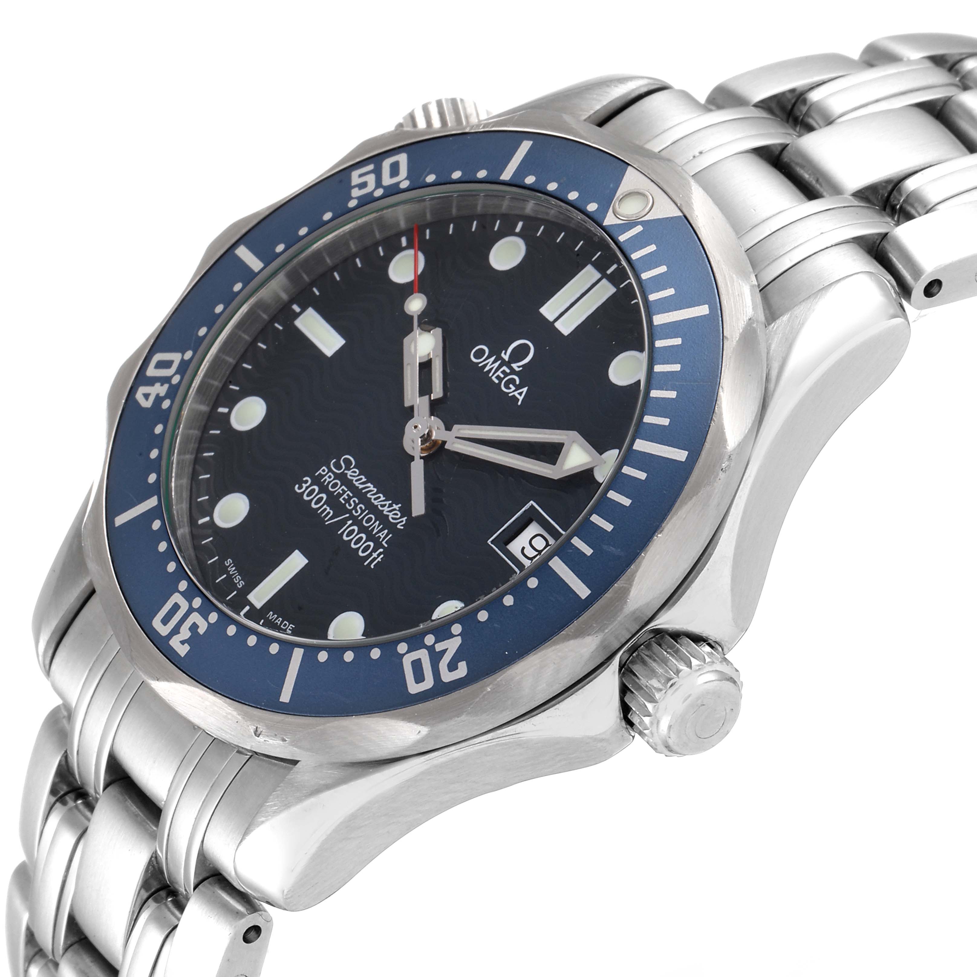 The image shows a close-up side angle of the Omega Seamaster 2561.80.00 Men's Stainless Steel Blue Dial 2561.80.00 Men's Stainless Steel Blue Dial watch, highlighting the face, bezel, crown, and part of the metal bracelet.