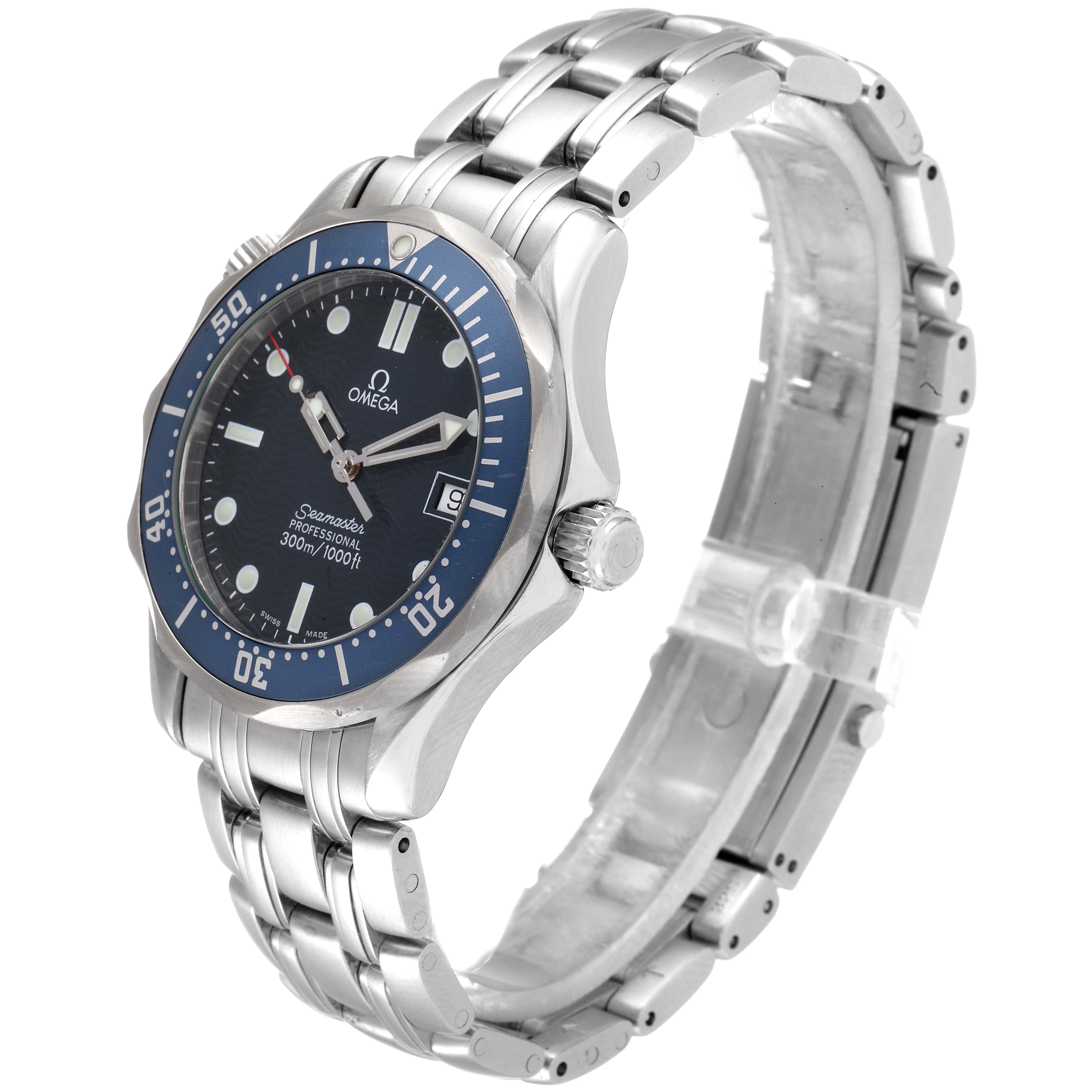 The Omega Seamaster 2561.80.00 Men's Stainless Steel Blue Dial 2561.80.00 Men's Stainless Steel Blue Dial watch is shown at an angle displaying the face, bezel, crown, and bracelet.