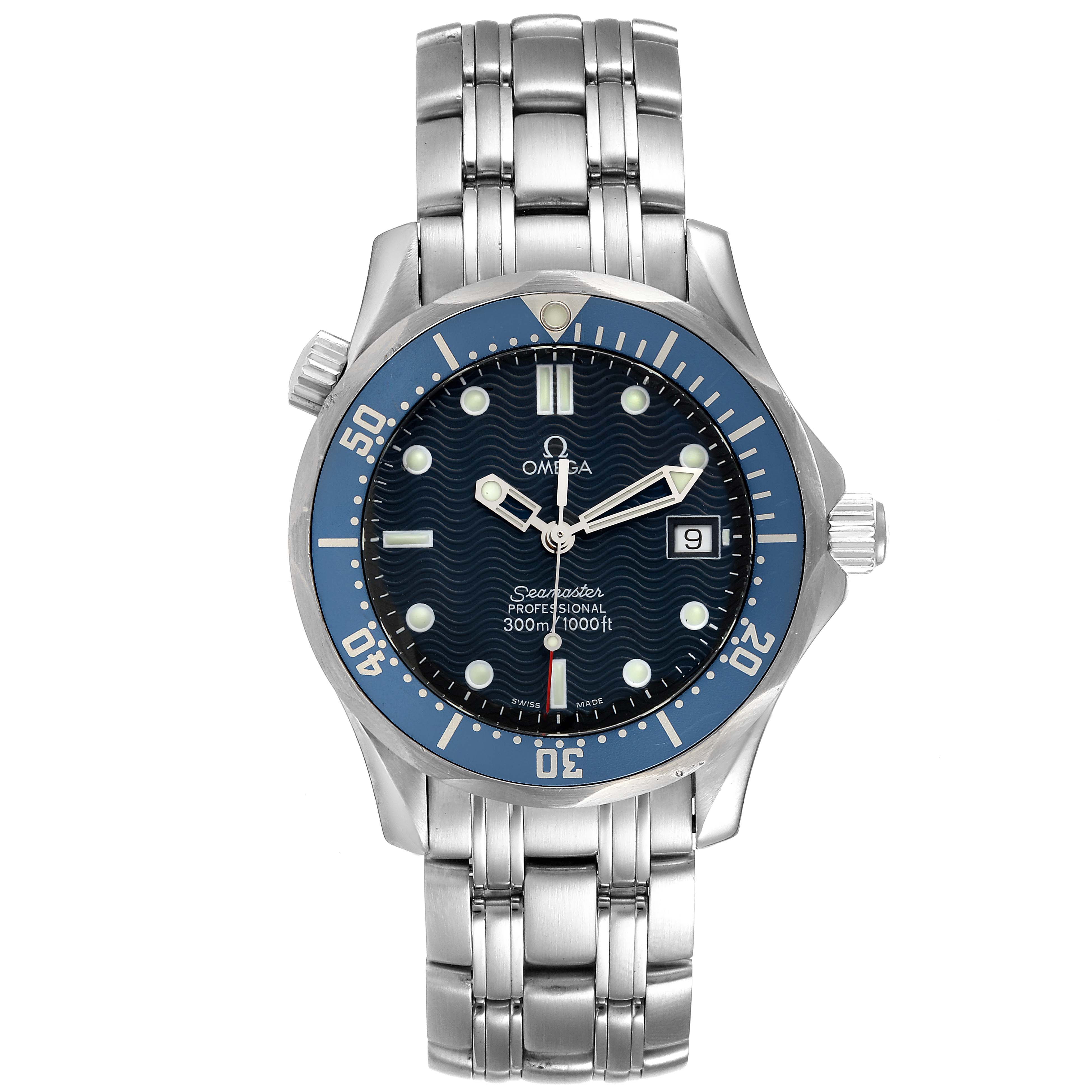 The image shows a front view of the Omega Seamaster 2561.80.00 Men's Stainless Steel Blue Dial 2561.80.00 Men's Stainless Steel Blue Dial watch, highlighting its dial, bezel, hands, and metal band.