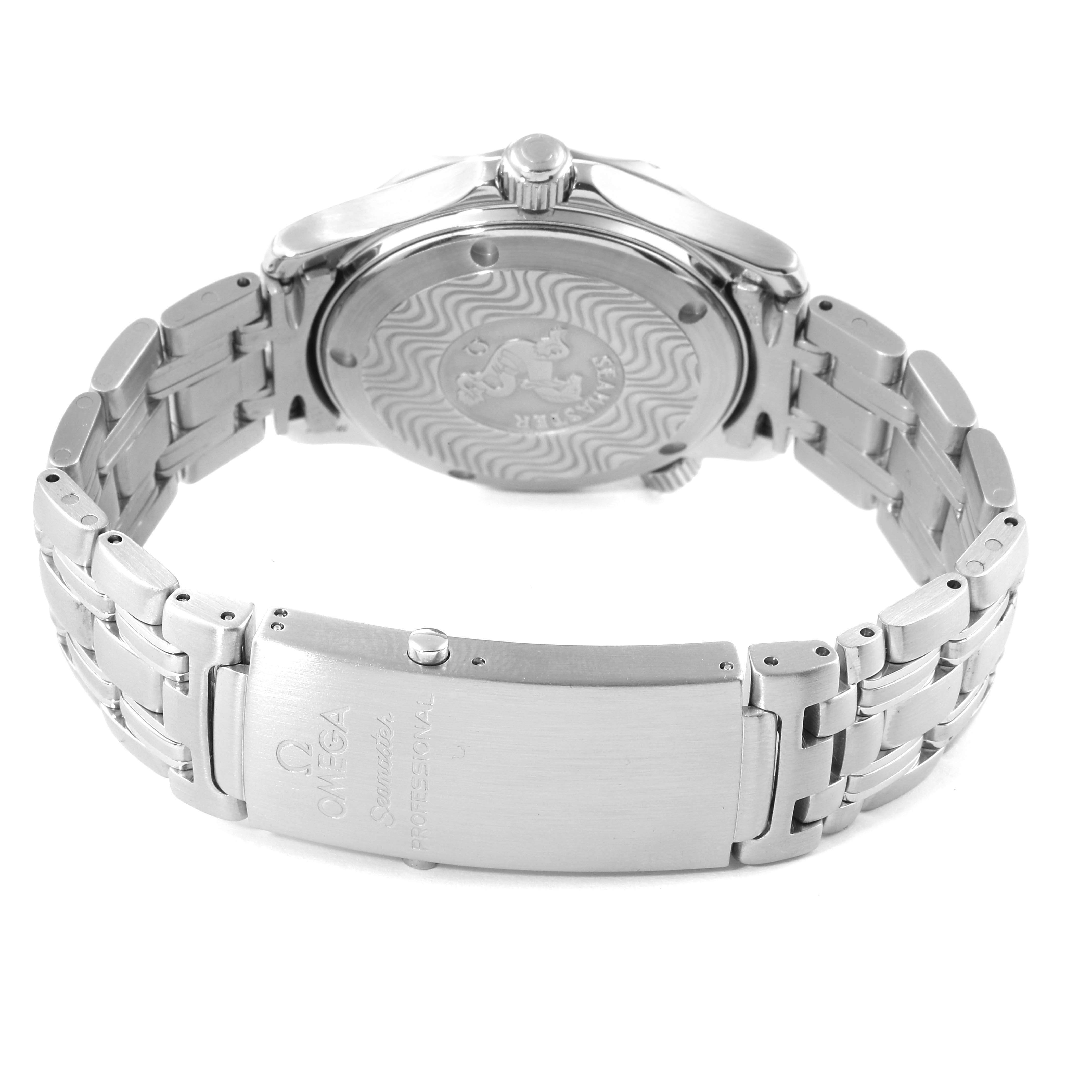 The image shows the back and clasp of an Omega Seamaster 2561.80.00 Men's Stainless Steel Blue Dial 2561.80.00 Men's Stainless Steel Blue Dial watch from a slightly elevated angle.