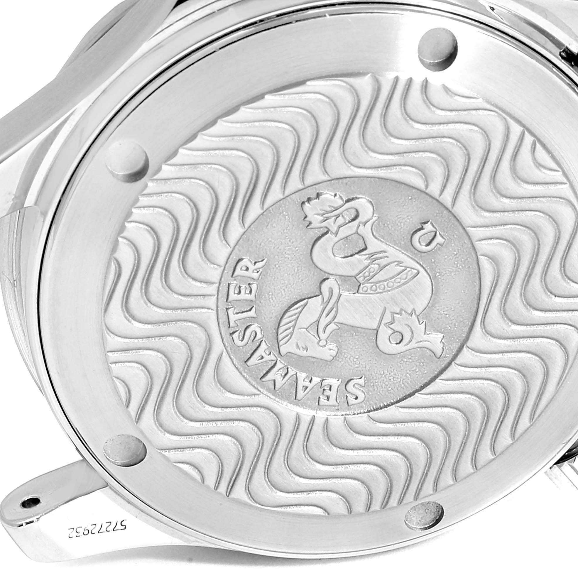 The image shows the case back of an Omega Seamaster 2561.80.00 Men
s Stainless Steel Blue Dial 2561.80.00 Men
s Stainless Steel Blue Dial watch, featuring its engraved design and wave pattern.